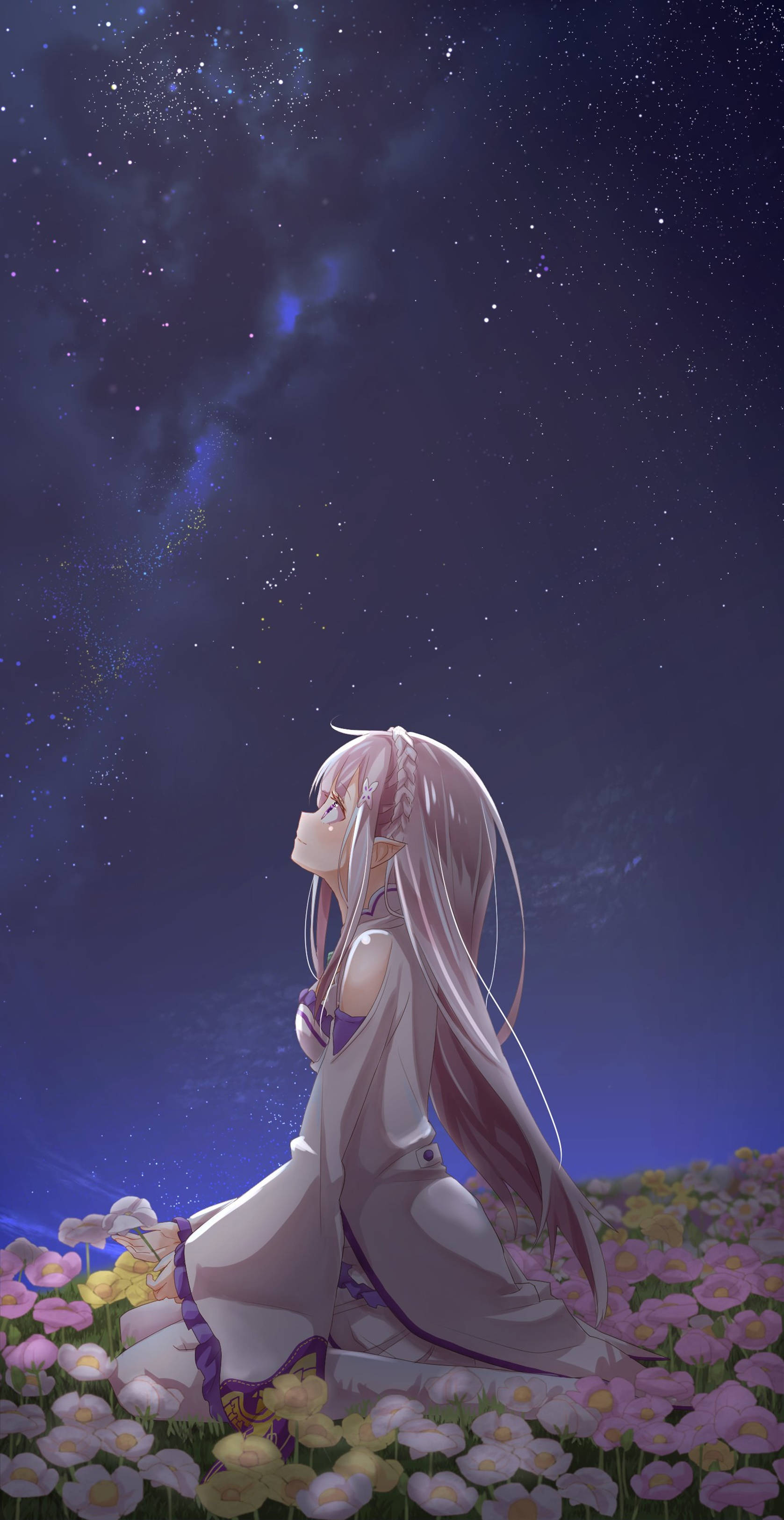 動漫女孩在花田中仰望星空夜空。 — 4K 動漫 iPhone 壁紙