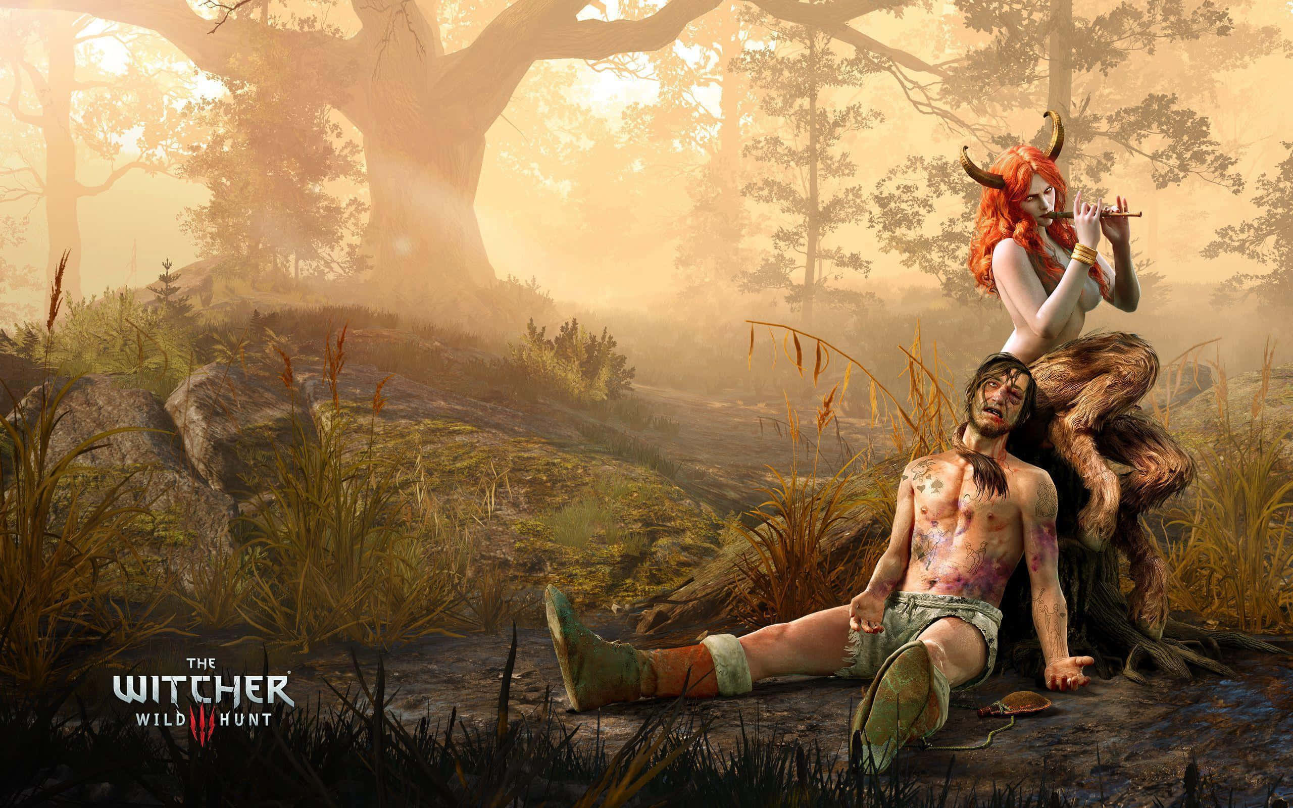 The Witcher 3 Wild Hunt 桌布 壁紙 — 一位長著角的紅髮女子在黎明時分的霧氣金色森林中，站在一名受傷男子身上吹奏長笛。