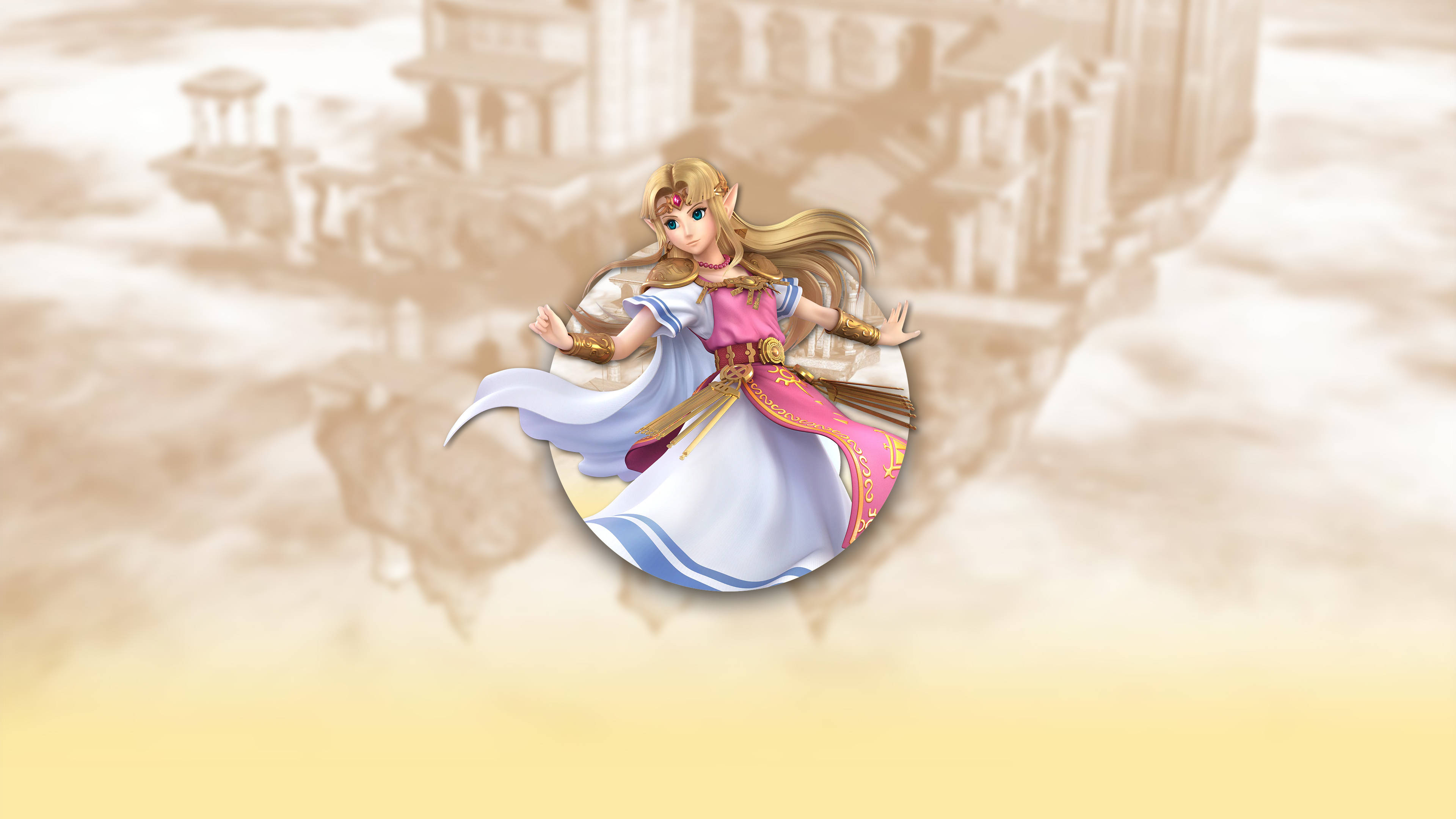 Smash Bros Ultimate 桌布 壁紙 — 一位長著金色長髮、身穿粉藍色長袍的漂浮公主，在城堡背景下飄浮在雲端之上。