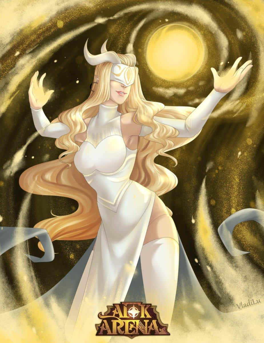 Afk Arena 桌布 壁紙 — 一位長著金色長髮和白色角的耀眼動漫女神，優雅地站在旋轉的金色宇宙背景前。