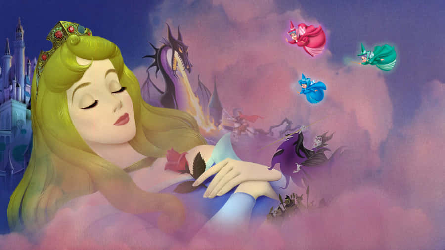 sleeping beauty 桌布 壁紙 — 一位長著金色長髮的睡公主在夢幻般的紫色天空中安詳地休息，周圍有精靈和一條龍飛舞。