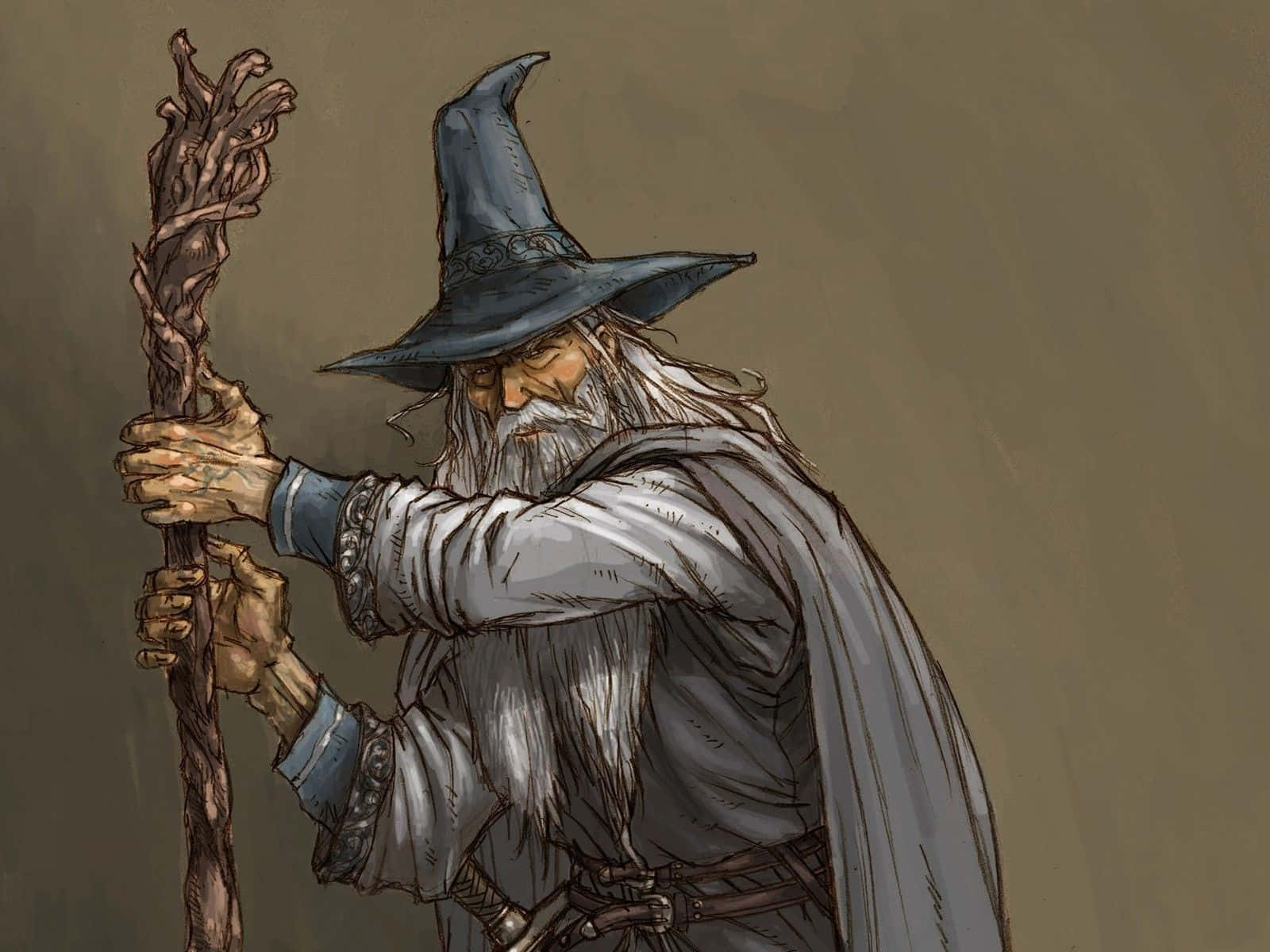 Wizardry 桌布 壁紙 — 一位長著長長白鬍鬚、戴著尖帽子的年長巫師，在柔和的棕色背景中緊握著一根多節的法杖。