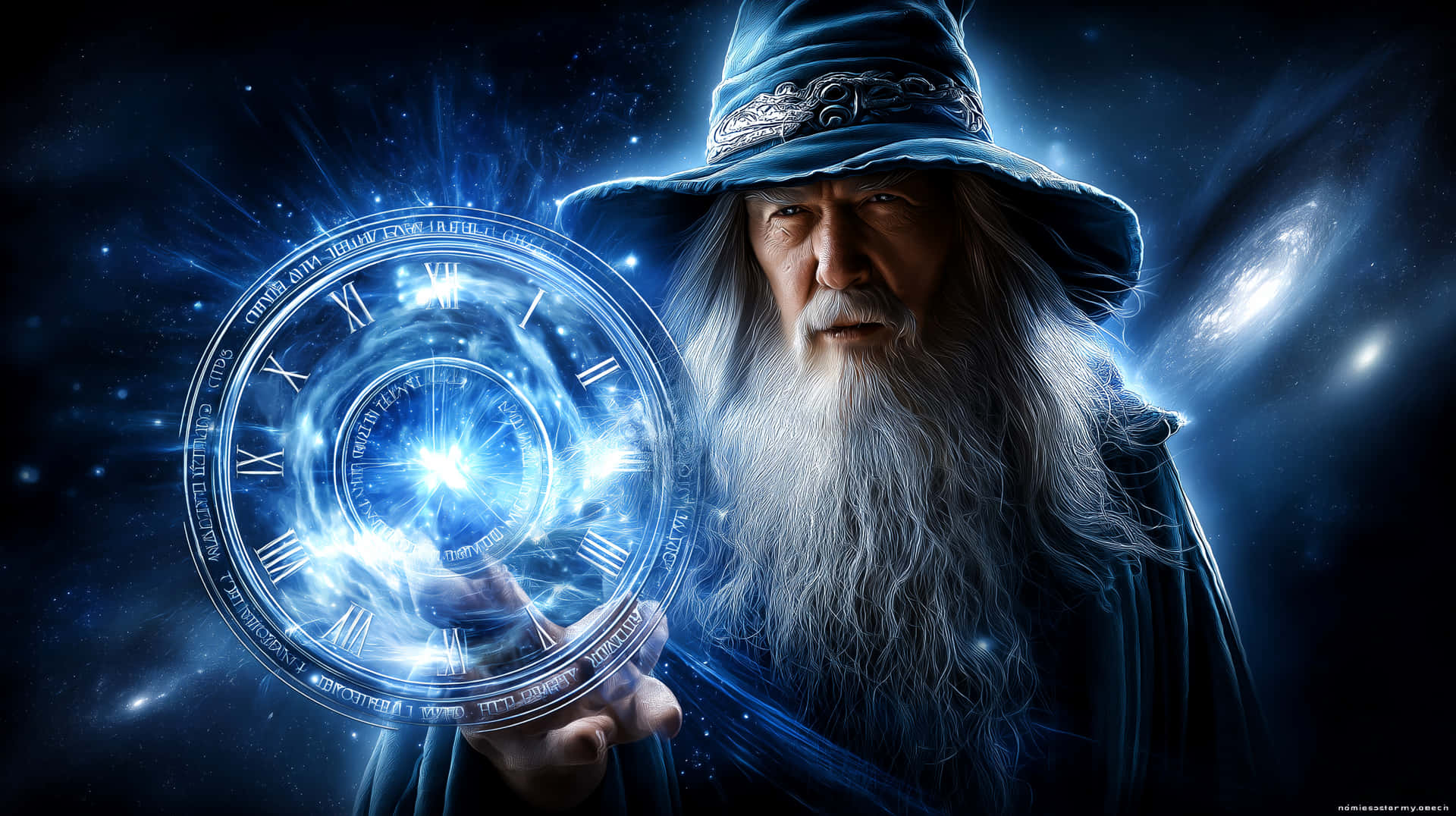 Chronomancer's Gaze 壁紙 — 一位長著長長白鬍鬚的年長巫師，在星光熠熠的宇宙背景下，手持一個帶有羅馬數字的發光藍色時鐘。