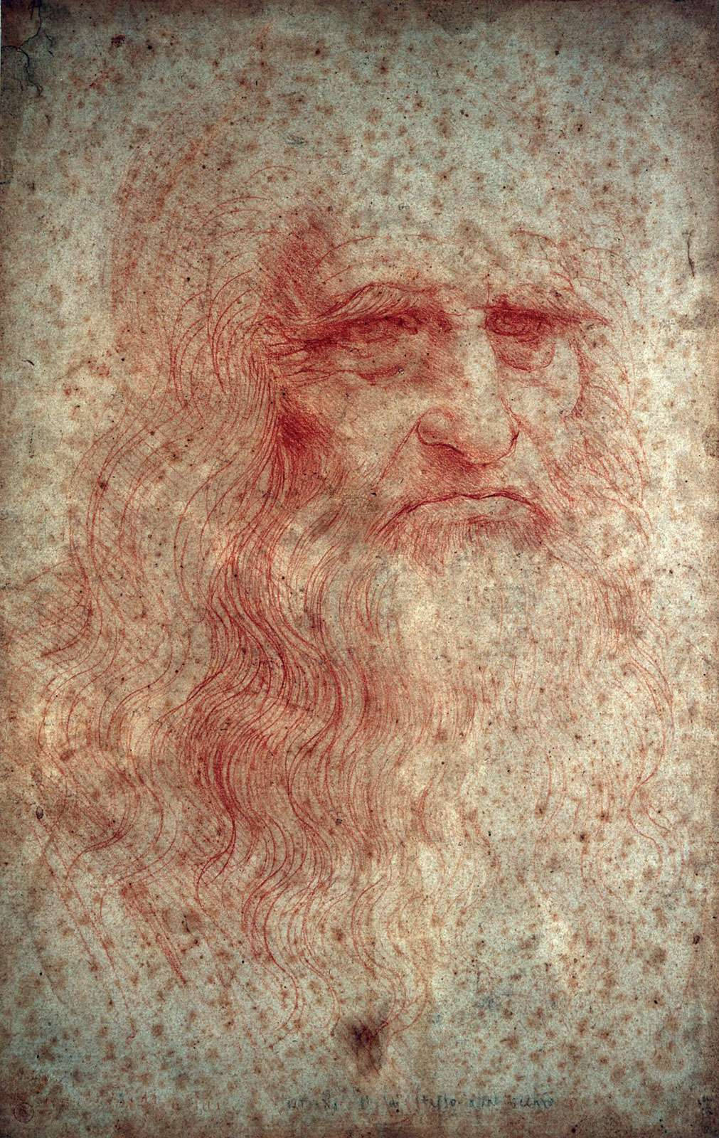 Leonardo Da Vinci 桌布 壁紙 — 一位長著飄逸長鬍鬚、眼神銳利的老人，在陳舊的紋理紙上的紅色粉筆肖像。