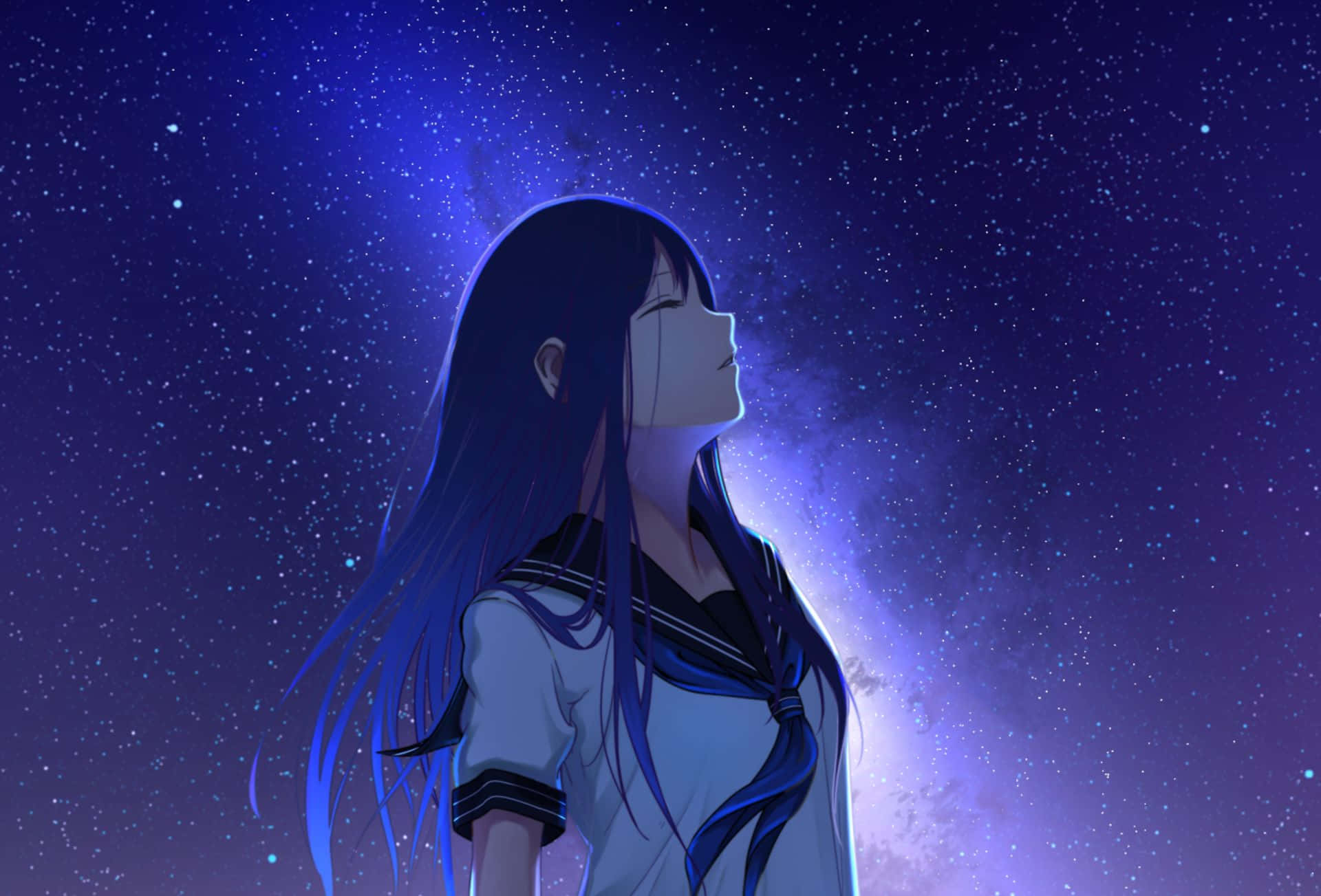 Starry Sky 桌布 壁紙 — 一位長著黑色長髮的年輕動漫女孩仰望星空，星空閃爍著宇宙般的紫色光芒。