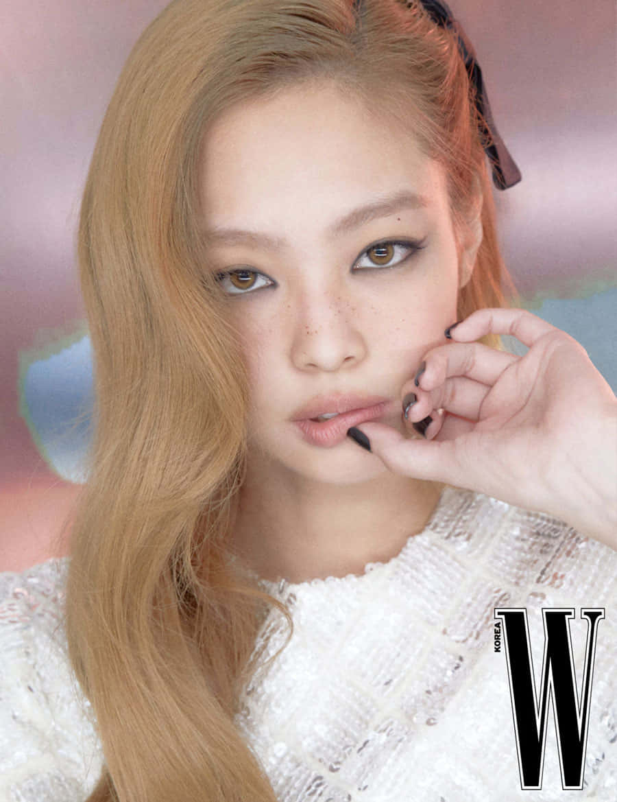 BLACKPINK 桌布 壁紙 — 一位長金髮、濃妝豔抹的女性，用塗黑的手指觸碰嘴唇的特寫肖像。