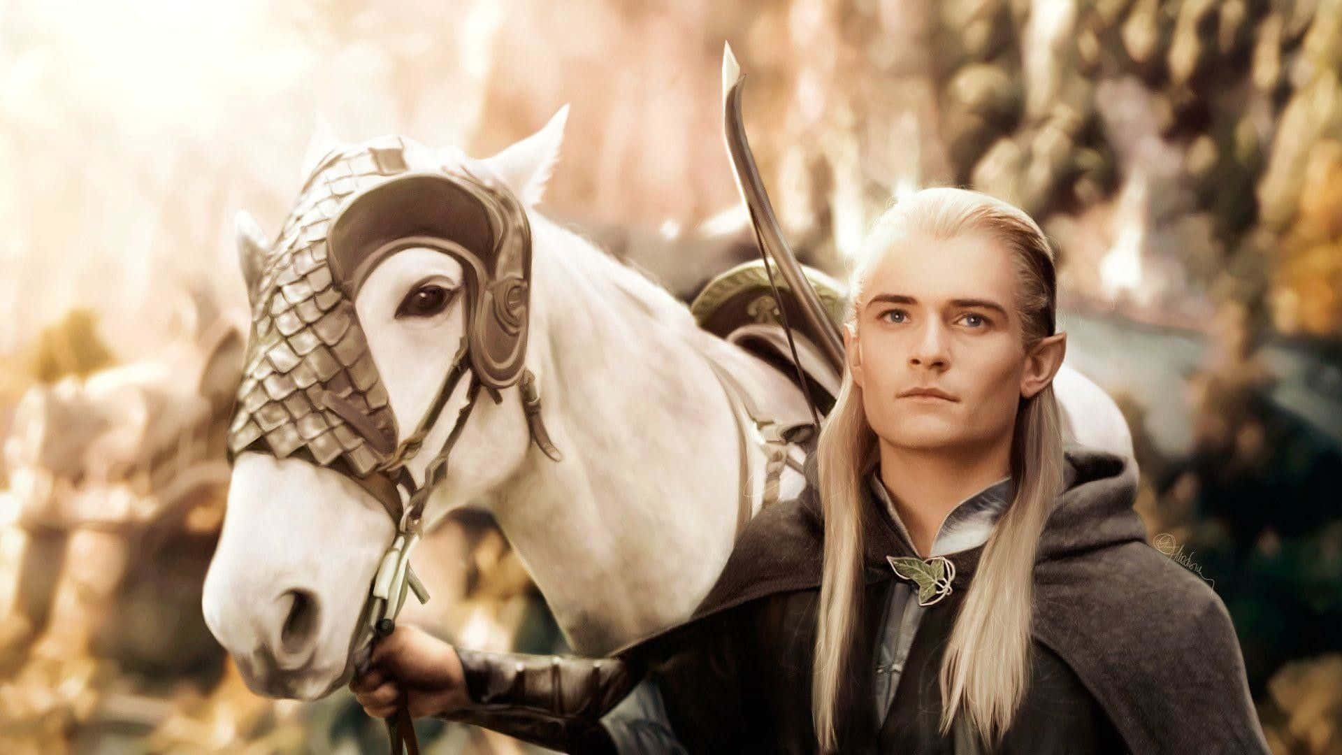 legolas 桌布 壁紙 — 一位長銀色頭髮的精靈站在一匹白色鎧甲馬旁邊，身處陽光普照的森林空地。