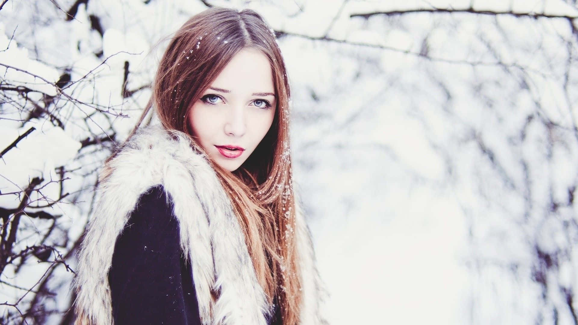 Winter Fashion 桌布 壁紙 — 一位長長棕色頭髮、穿著白色毛領的年輕女子站在雪白的冬季森林中，雪花輕輕落在她的頭髮和肩膀上。