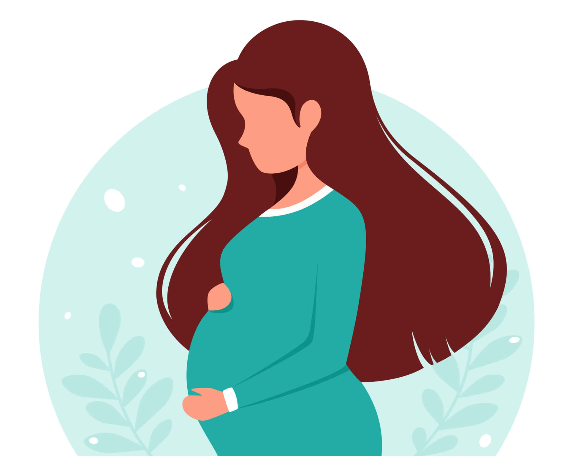 pregnancy 桌布 壁紙 — 一位長長棕色頭髮的孕婦，在柔和青綠色圓形背景上，輕柔地抱著她的肚子，背景有葉子圖案。