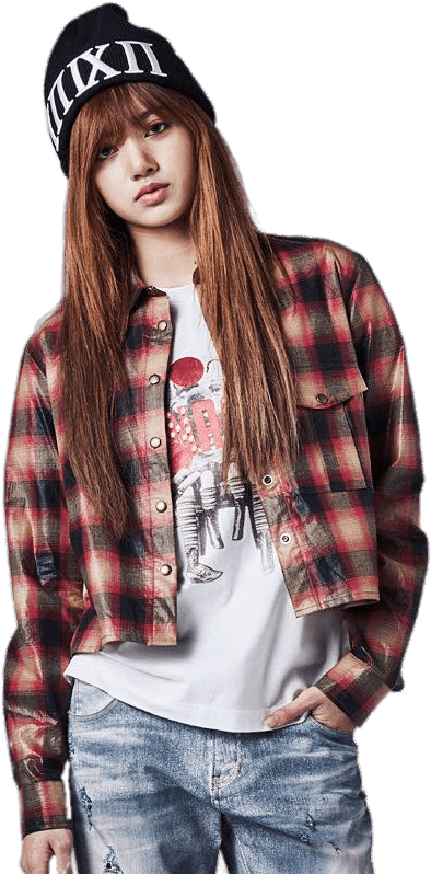 BLACKPINK 桌布 壁紙 — 一位長長棕色頭髮的年輕女性戴著黑色毛帽、紅色格紋襯衫和破洞牛仔褲，直視鏡頭。