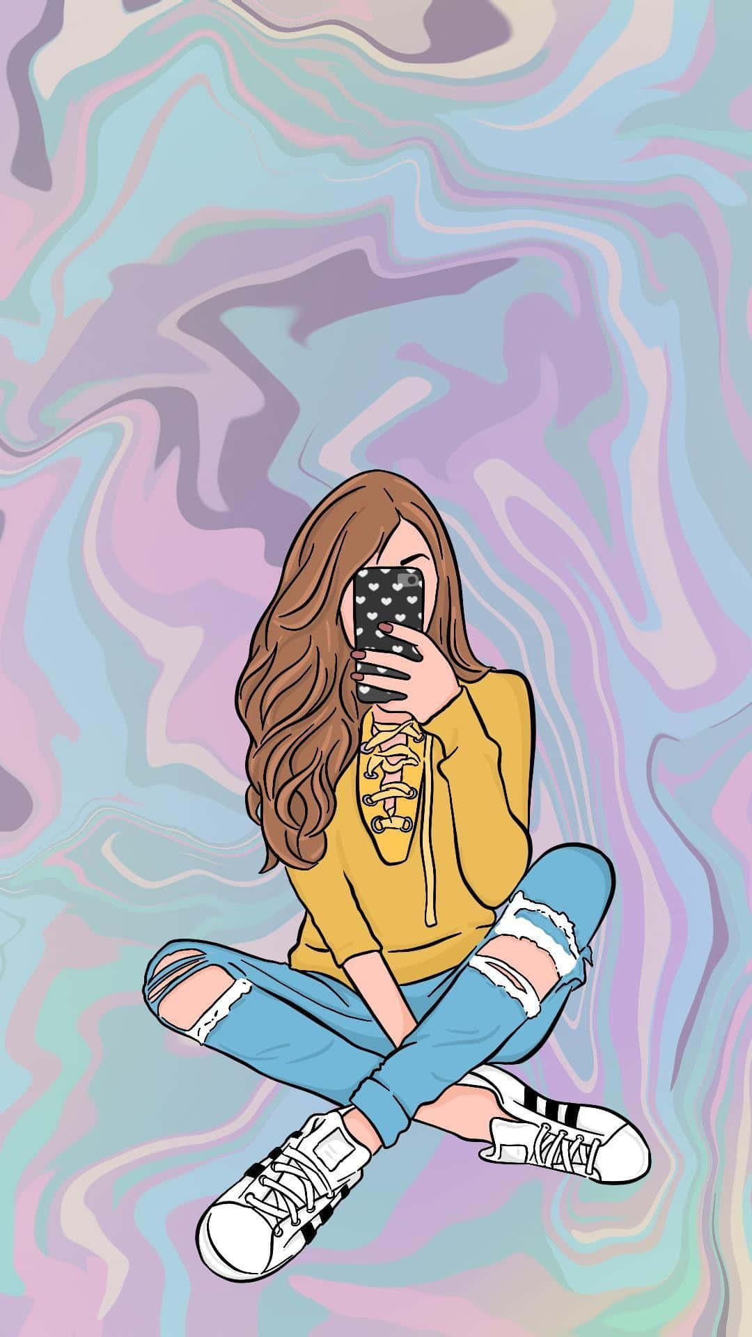 可愛女生 桌布 壁紙 — 一位長長棕色頭髮的年輕女性盤腿坐在旋轉的粉彩背景前，拿著手機自拍。