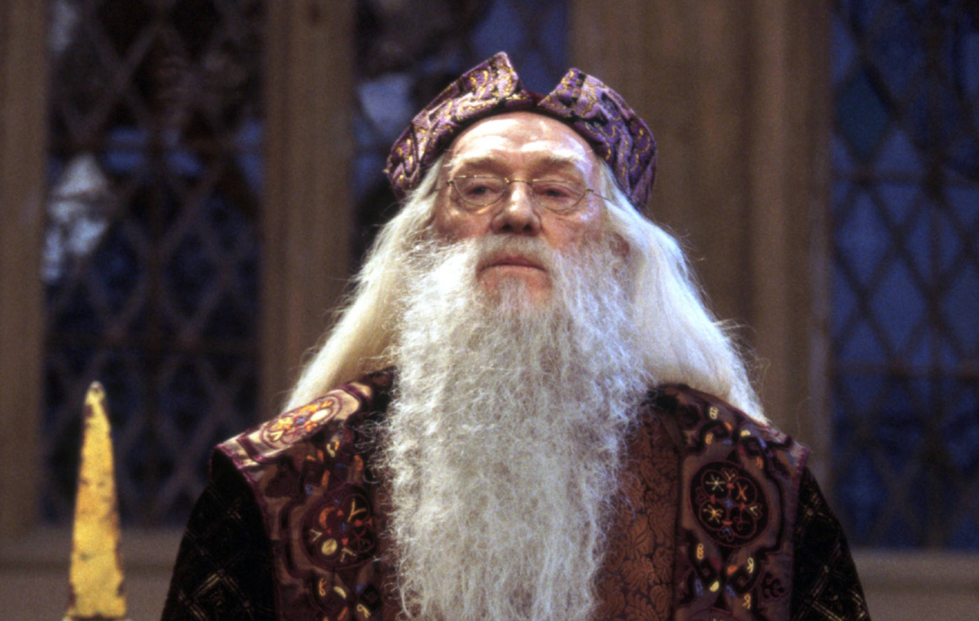 dumbledore 桌布 壁紙 — 一位長長白鬍鬚、身穿華麗長袍的年老巫師，莊嚴地站在燈光昏暗的石廳中。