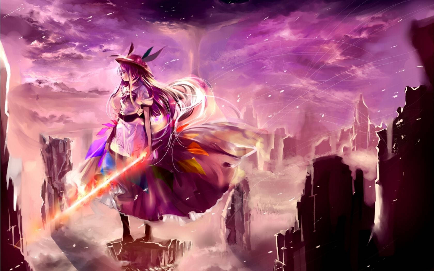 Fire Anime 桌布 壁紙 — 一位長髮動漫女孩在暴風雨紫色天空下，於破碎的城市景觀上揮舞著發光的劍。
