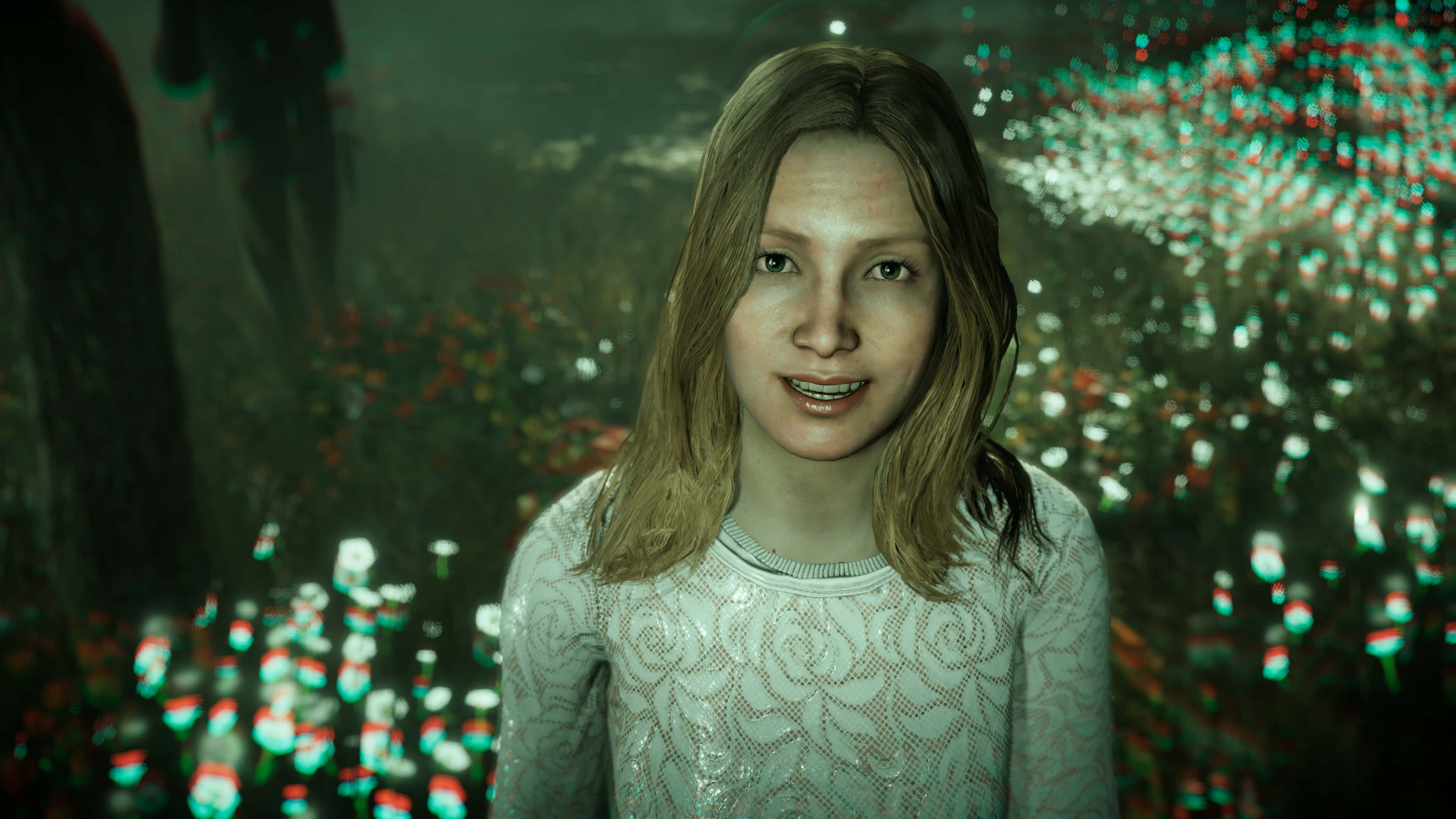 Far Cry 桌布 壁紙 — 一位長髮及肩的年輕女子站在一個昏暗的森林中，森林閃爍著紅色和綠色的光芒。