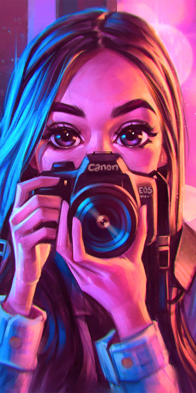 Cartoon 桌布 壁紙 — 一位長髮年輕女子將佳能相機舉到臉前，背景是充滿活力的粉紅和藍色霓虹光。