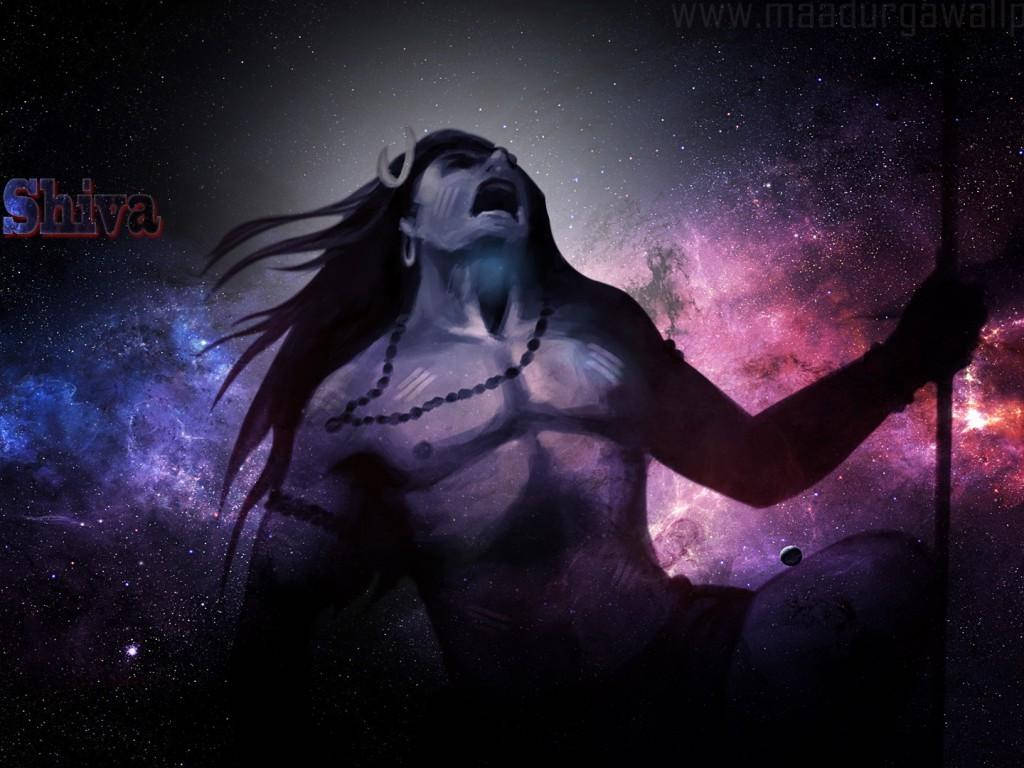 angry shiva 桌布 壁紙 — 一位長髮戴新月冠的宇宙神祇，對著充滿星星的紫色和藍色星雲咆哮。