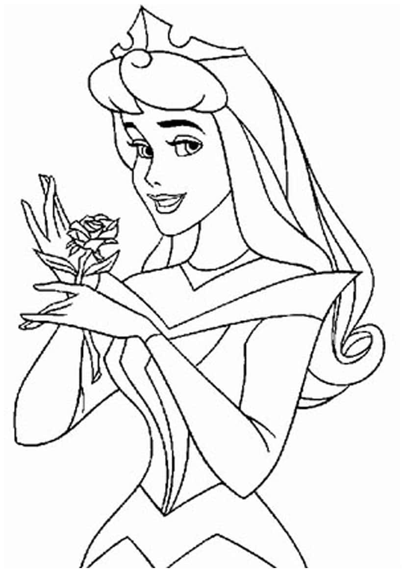 sleeping beauty 桌布 壁紙 — 一位長髮戴皇冠的公主在乾淨的黑白線條藝術插圖中輕輕拿著一朵玫瑰。