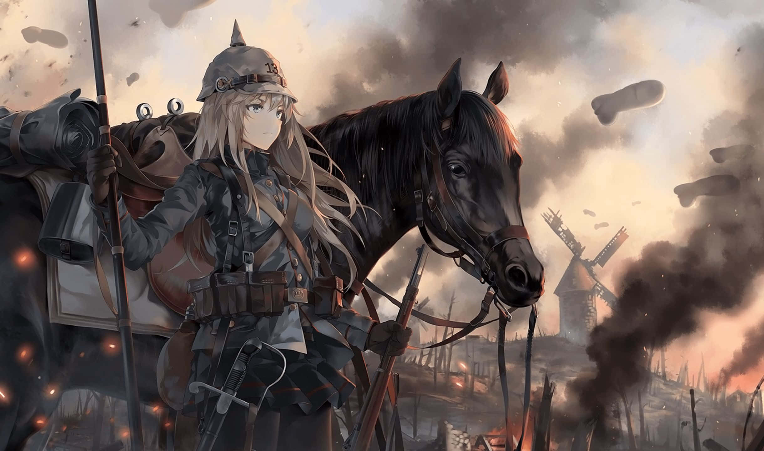2440x1440 Battlefield 1 桌布 壁紙 — 一位長髮戴頭盔的動漫士兵站在一匹黑馬旁邊，身處被戰爭摧毀的戰場，天空中有煙霧和飛船。