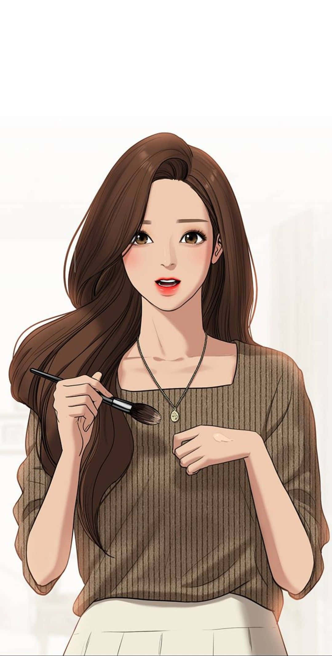 動漫女孩 桌布 壁紙 — 一位長髮棕色年輕女性，身穿羅紋棕色上衣和白色裙子，手持化妝刷。
