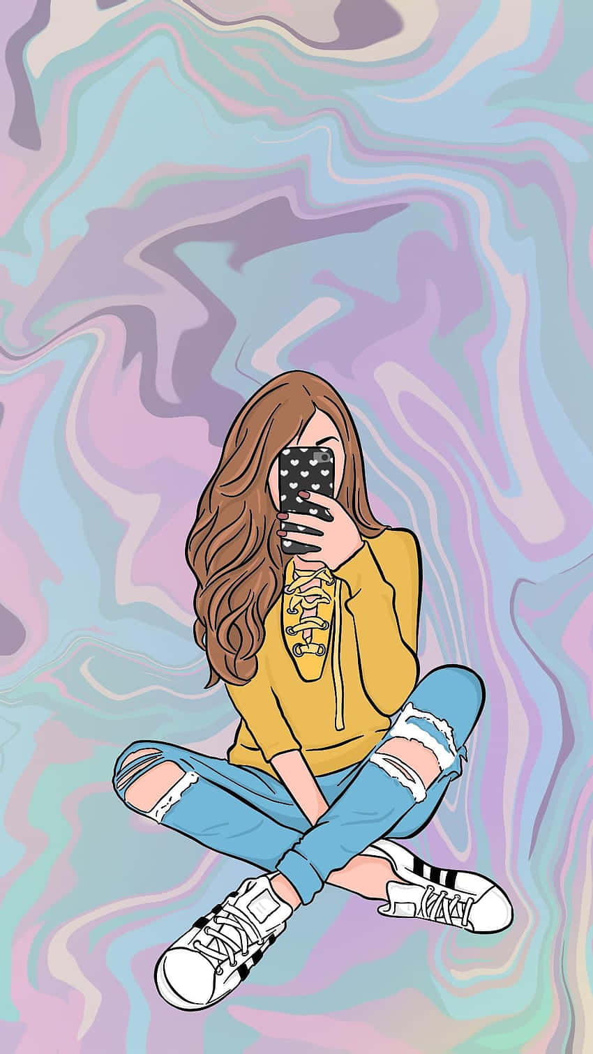 美學 桌布 壁紙 — 一位長髮棕色的年輕女性盤腿坐在旋轉的粉彩背景前，拿著手機自拍。