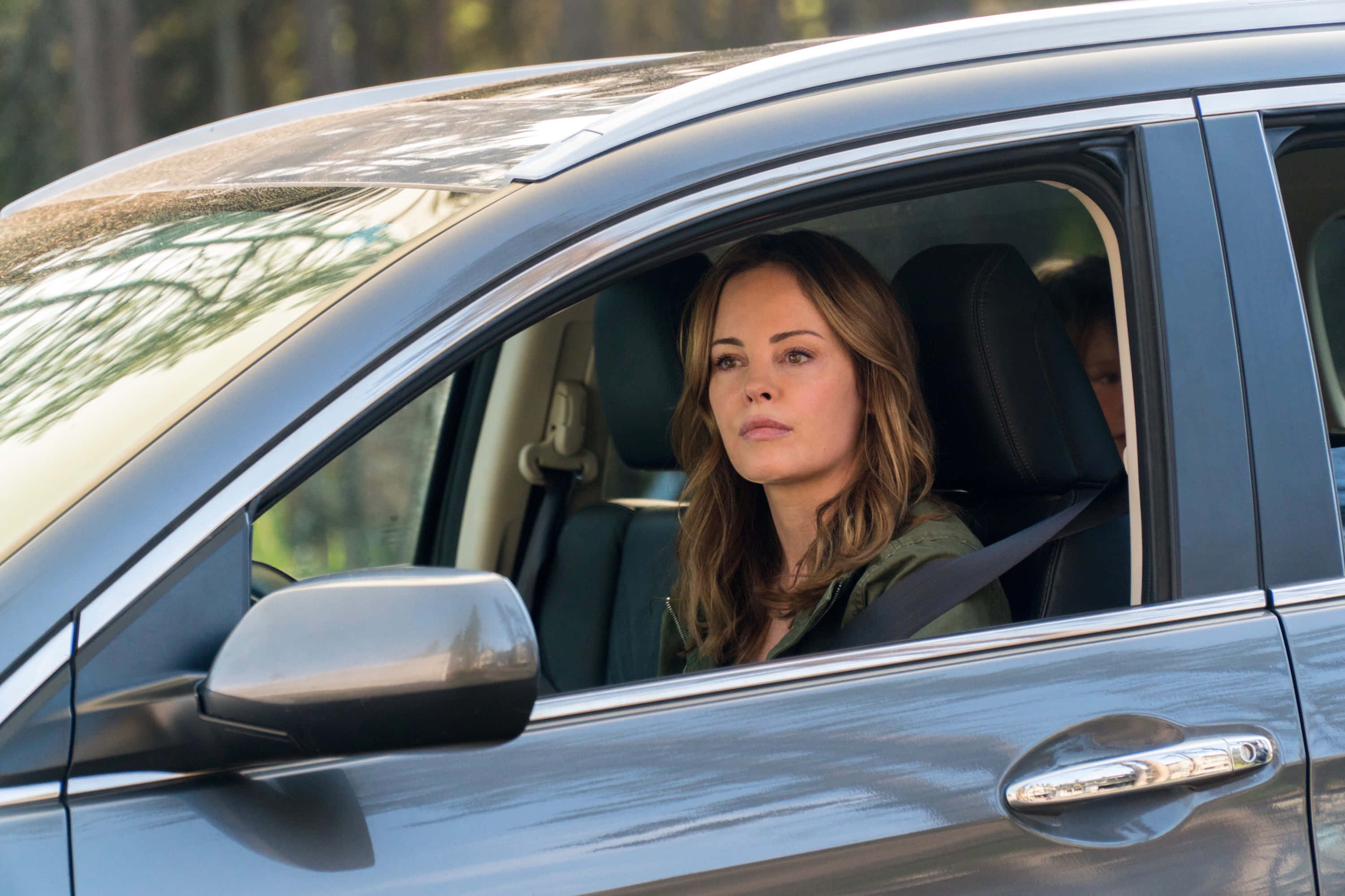 Chandra West 桌布 壁紙 — 一位長髮棕髮的女性坐在銀色汽車的駕駛座上，表情嚴肅地向前看，陽光透過樹木灑落。
