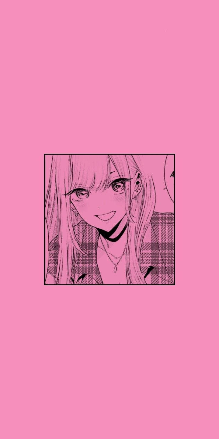 my 桌布 壁紙 — 一位長髮的可愛動漫女孩在粉紅色漫畫面板中溫暖地微笑，背景為純粉紅色。