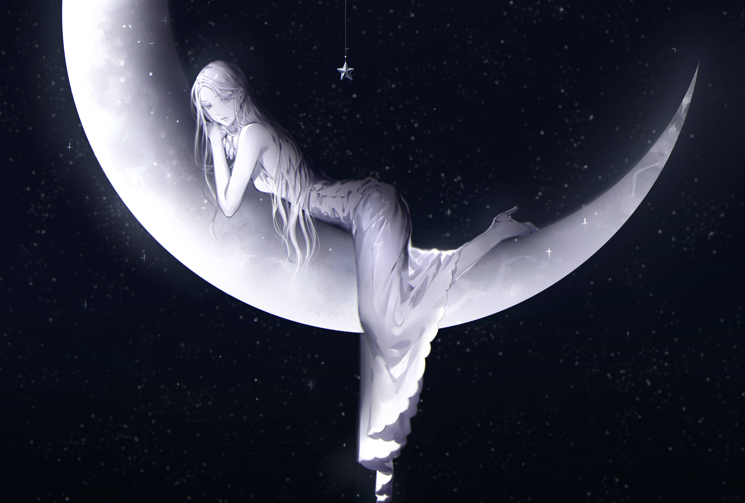 Crescent 桌布 壁紙 — 一位長髮的寧靜動漫女孩優雅地躺在彎月上，背景是星空夜空，上方懸掛著一顆星星。