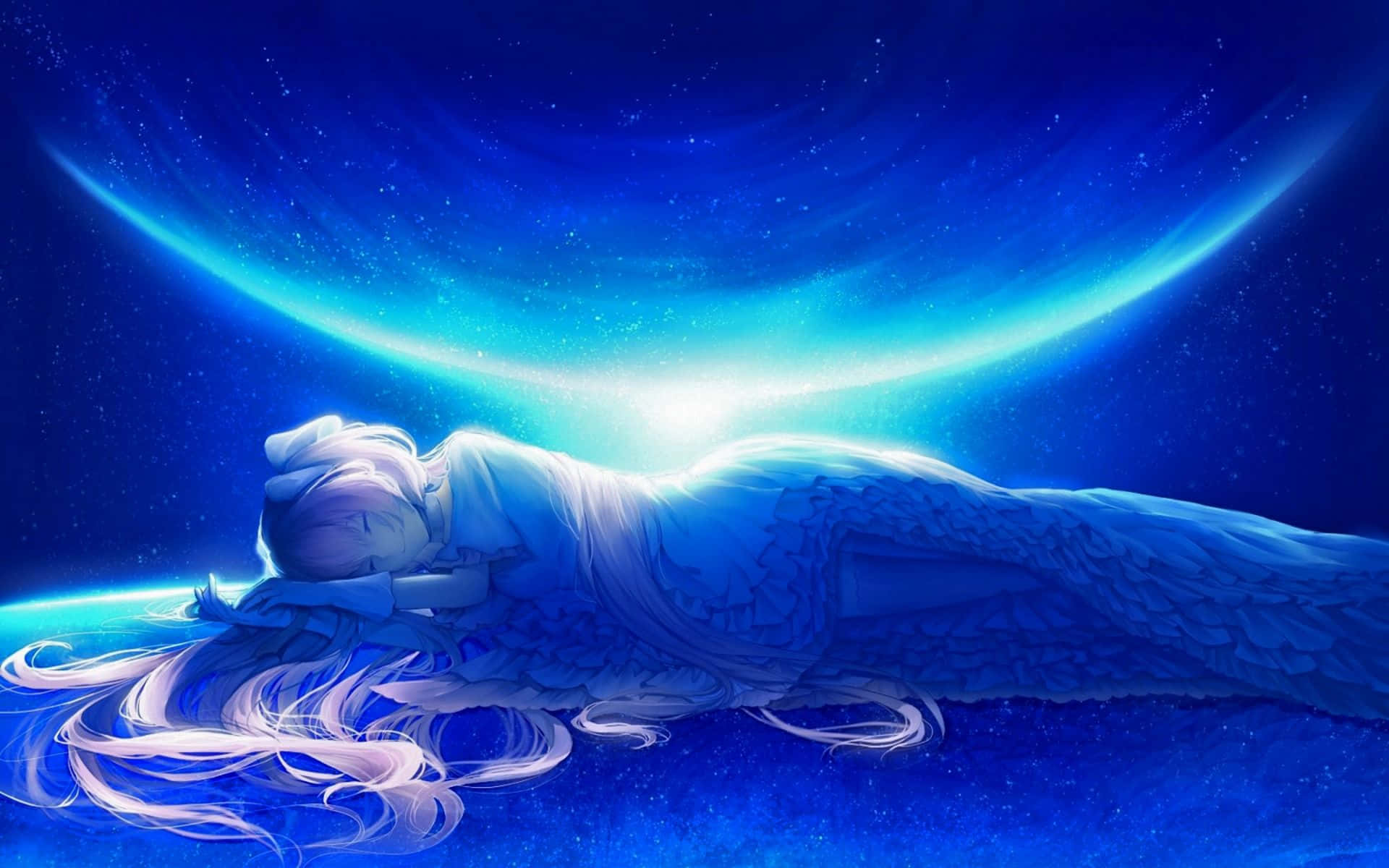 dreams 桌布 壁紙 — 一位長髮的寧靜動漫女孩在彎月和星空下，在發光的藍色行星上安然入睡。