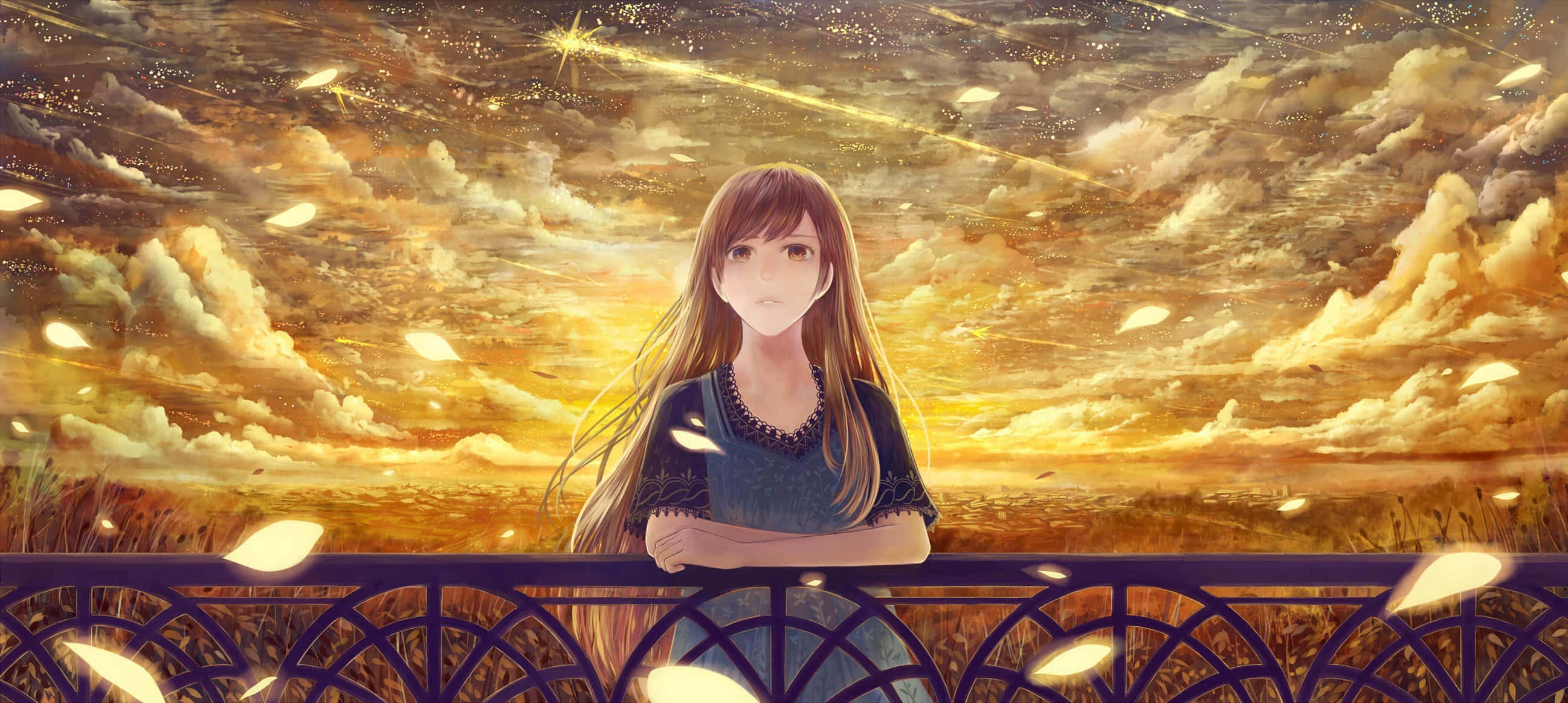 Beautiful Sad Anime 桌布 壁紙 — 一位長髮的年輕動漫女孩站在陽台上，金色天空下滿是落葉和流星。