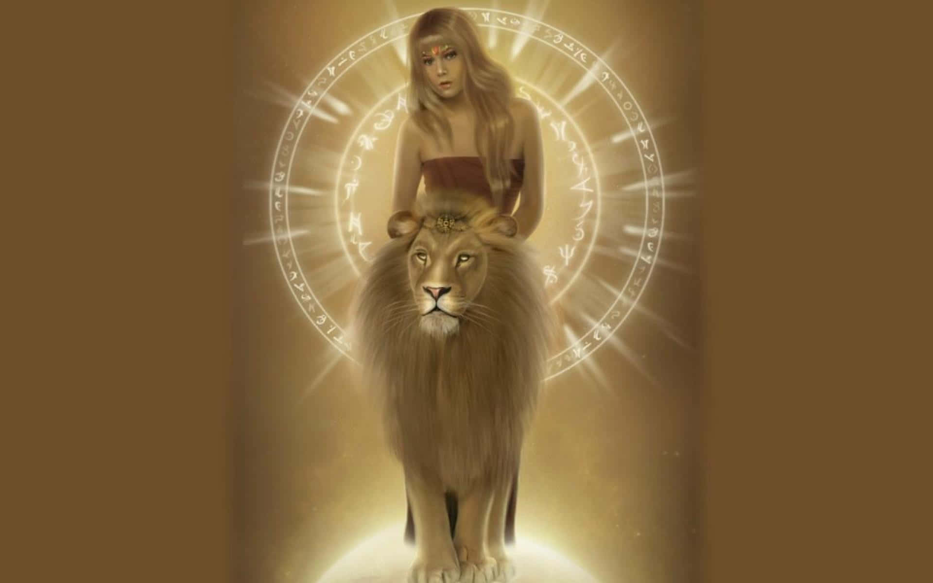 Leo 桌布 壁紙 — 一位長髮的神秘女子騎著一頭雄偉的獅子，背後一個發光的圓形符印迸發出燦爛的金色光芒。