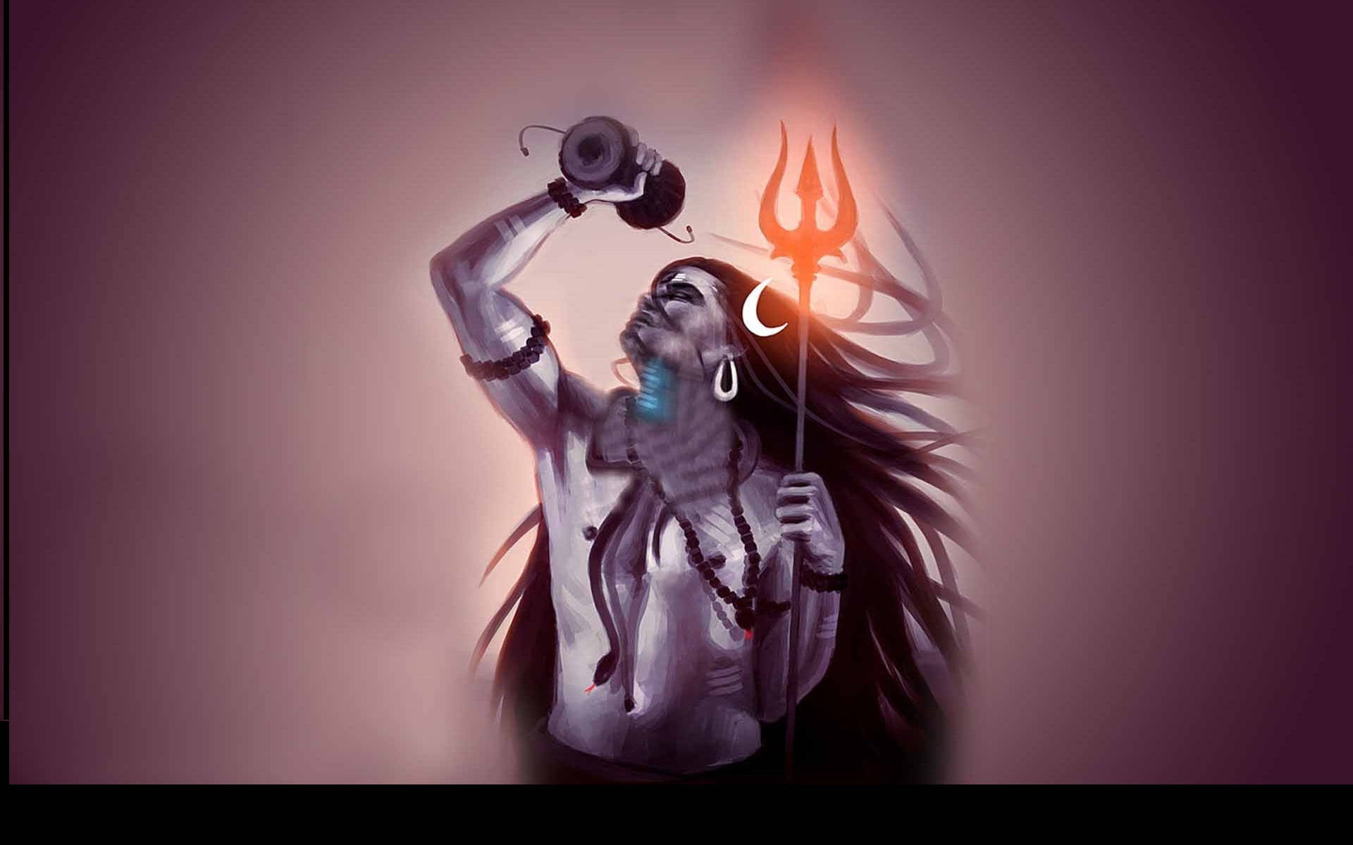Indian 桌布 壁紙 — 一位長髮的神聖人物手持發光的三叉戟，在柔和的紫色背景前從容器中倒出液體。