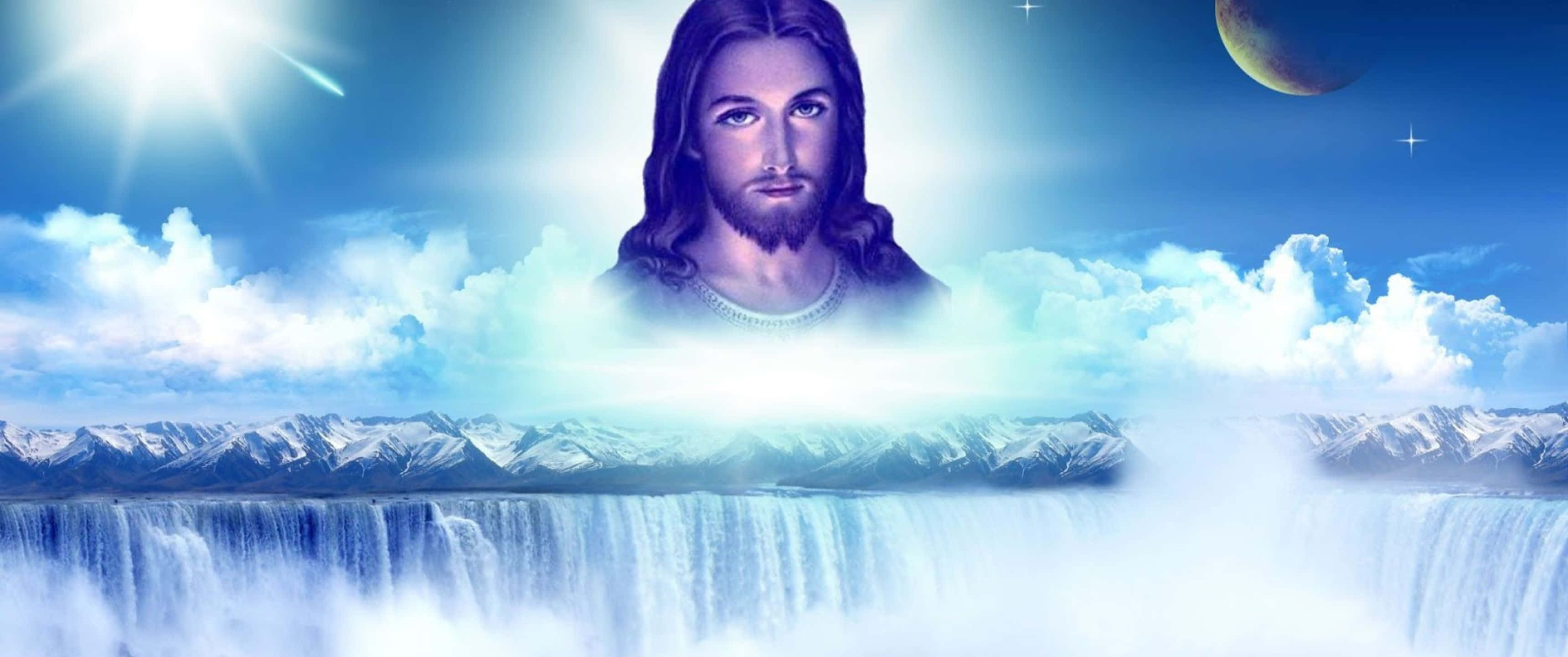 Baptism 桌布 壁紙 — 一位長髮長鬚的神聖人物漂浮在巨大的瀑布之上，背景是明亮的藍天，有雲朵和發光的太陽。