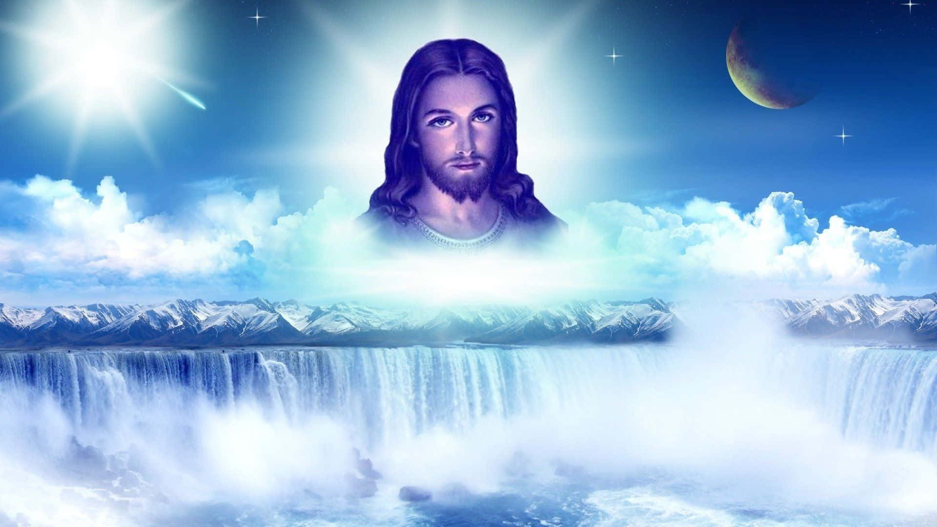 Jesus iPhone 桌布 壁紙 — 一位長髮長鬚的神聖人物漂浮在巨大的瀑布上方，背景是帶有太陽、月亮和星星的超現實天空。
