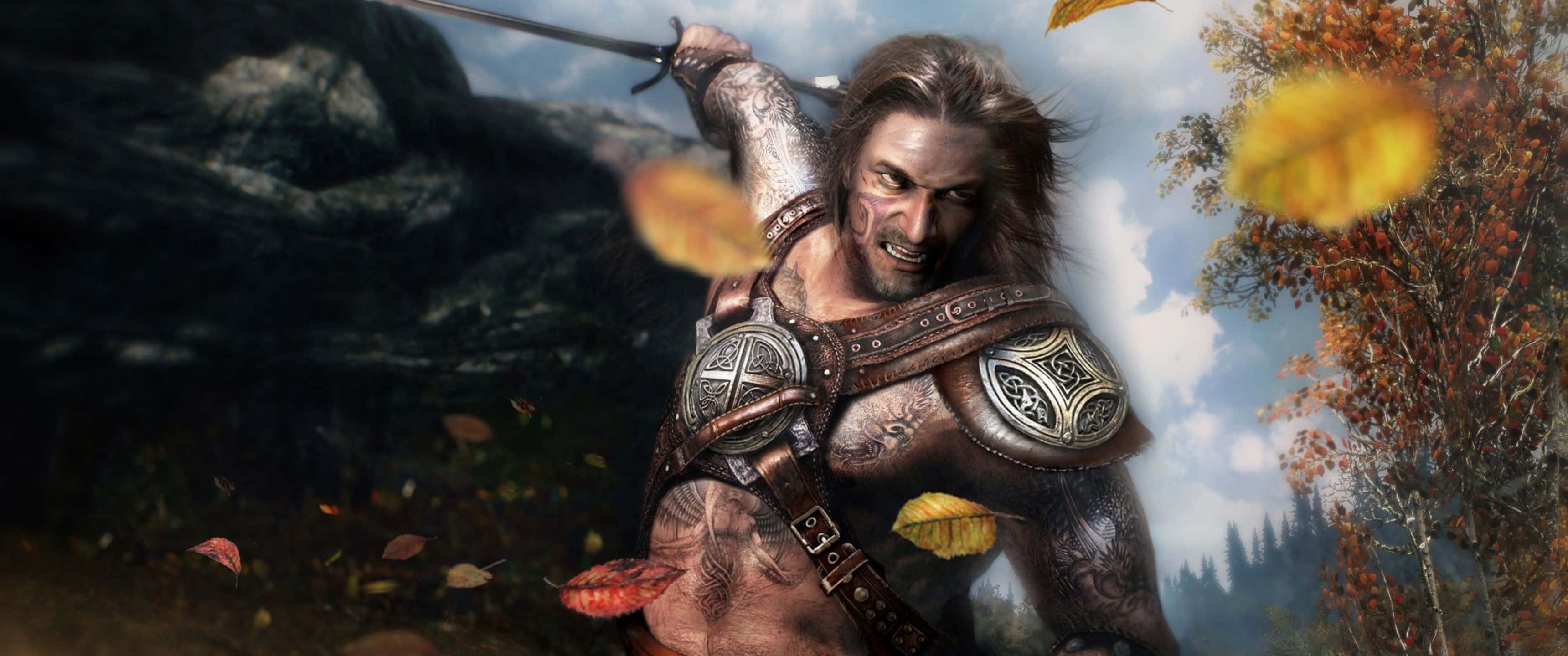 3440x1440p The Elder Scrolls V Skyrim 桌布 壁紙 — 一位長髮飄逸、身穿華麗鎧甲的兇猛戰士，在群山背景下，於飄落的秋葉中揮舞著劍。