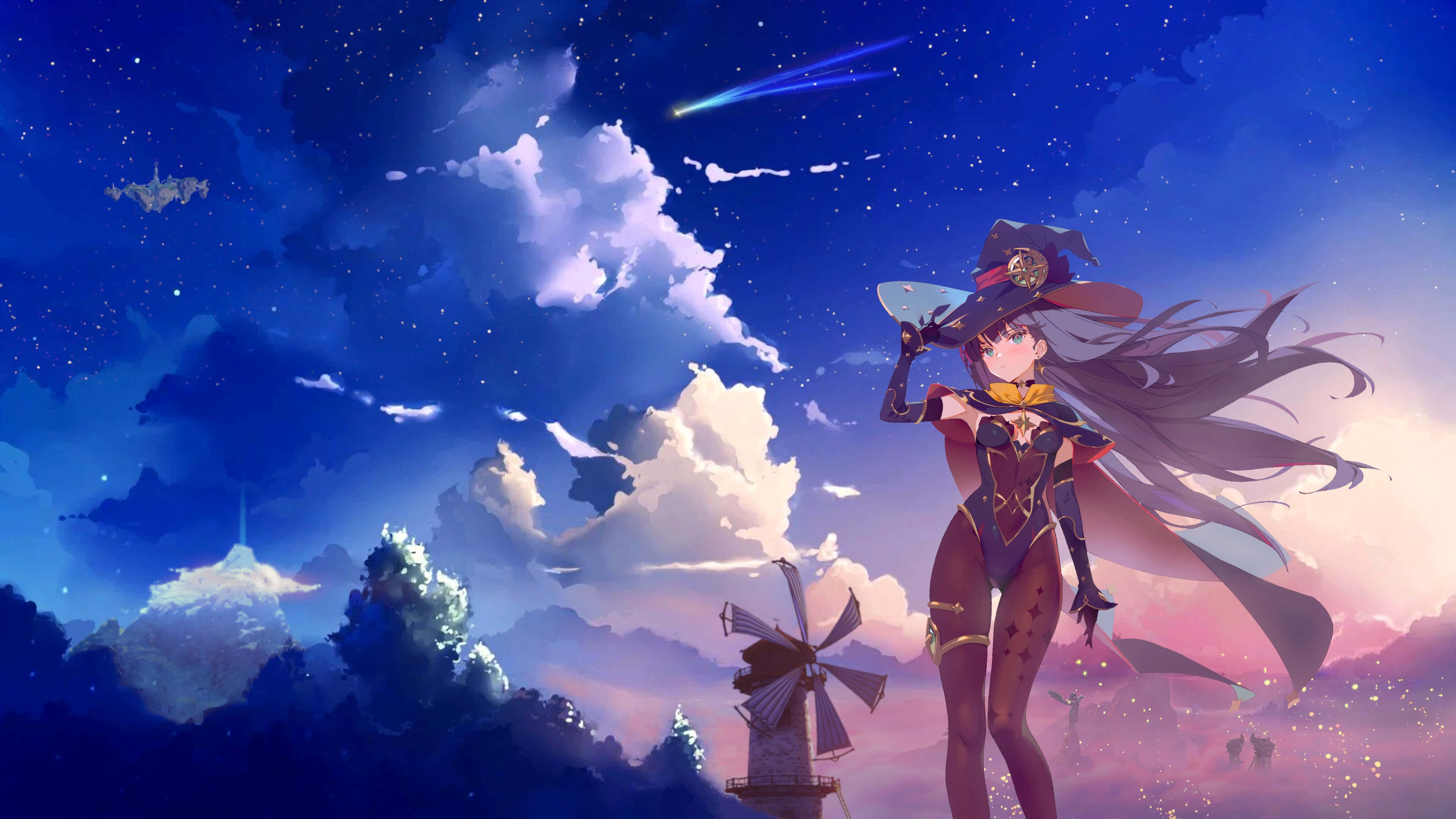 Genshin Impact Mona 桌布 壁紙 — 一位長髮飄逸的女巫，站在暮色天空下，天空中有星星和流星，背景是風車和樹木。