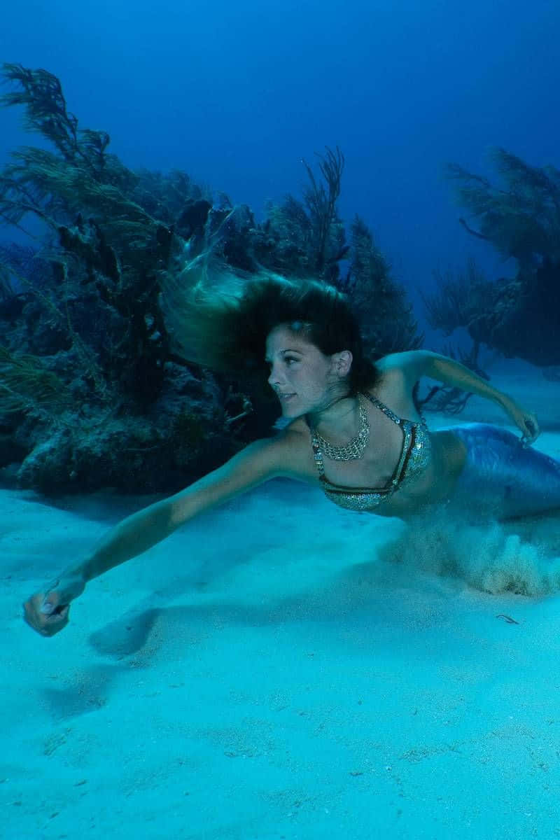 Mermaid Real Life 桌布 壁紙 — 一位長髮飄逸的女性在陽光照耀的藍色海洋中，優雅地在珊瑚群附近的水下滑行。