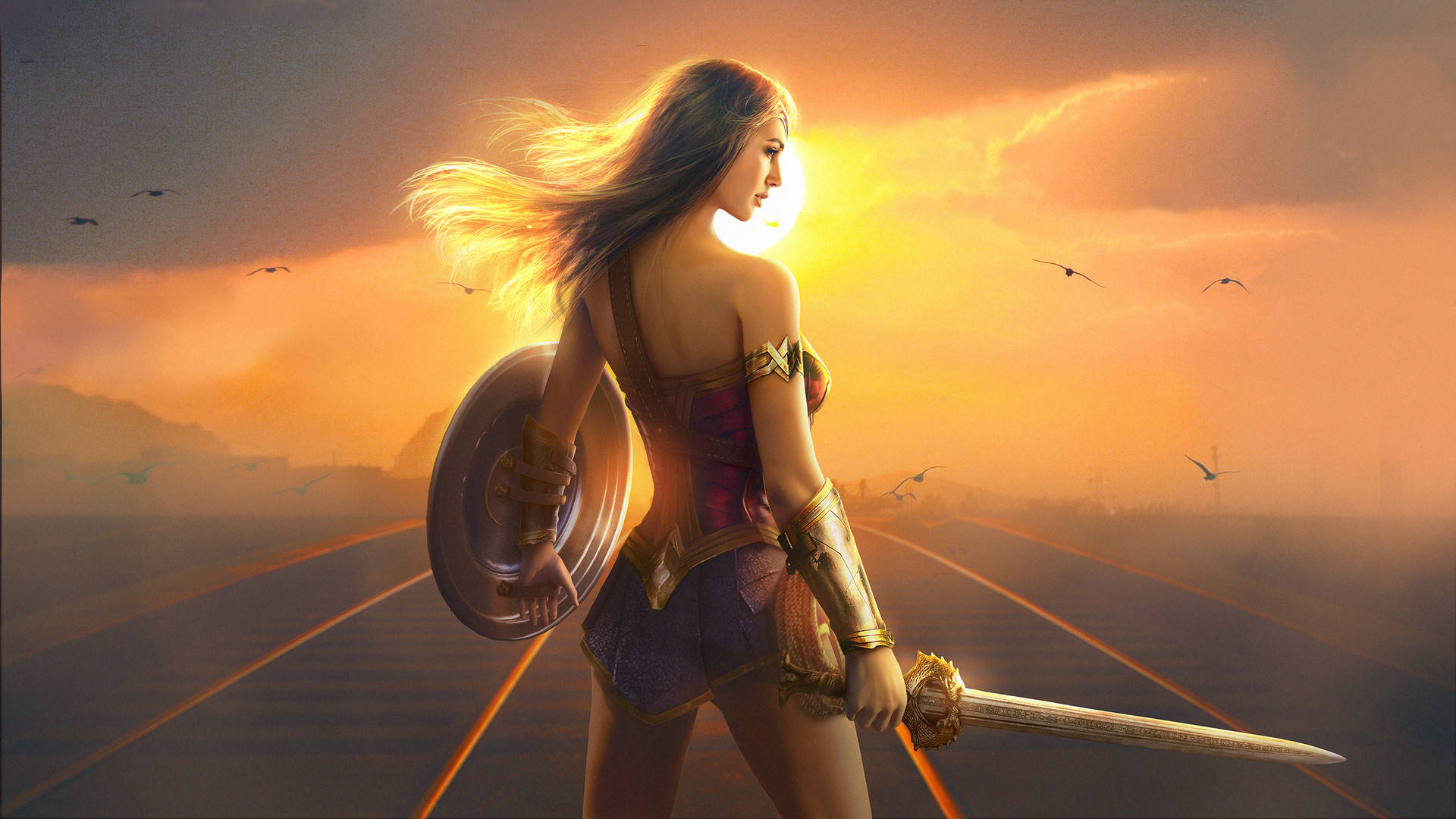 Wonder Woman 桌布 壁紙 — 一位長髮飄逸的女戰士站在日落時分的道路上，手持劍和盾牌，鳥兒在頭頂飛翔。