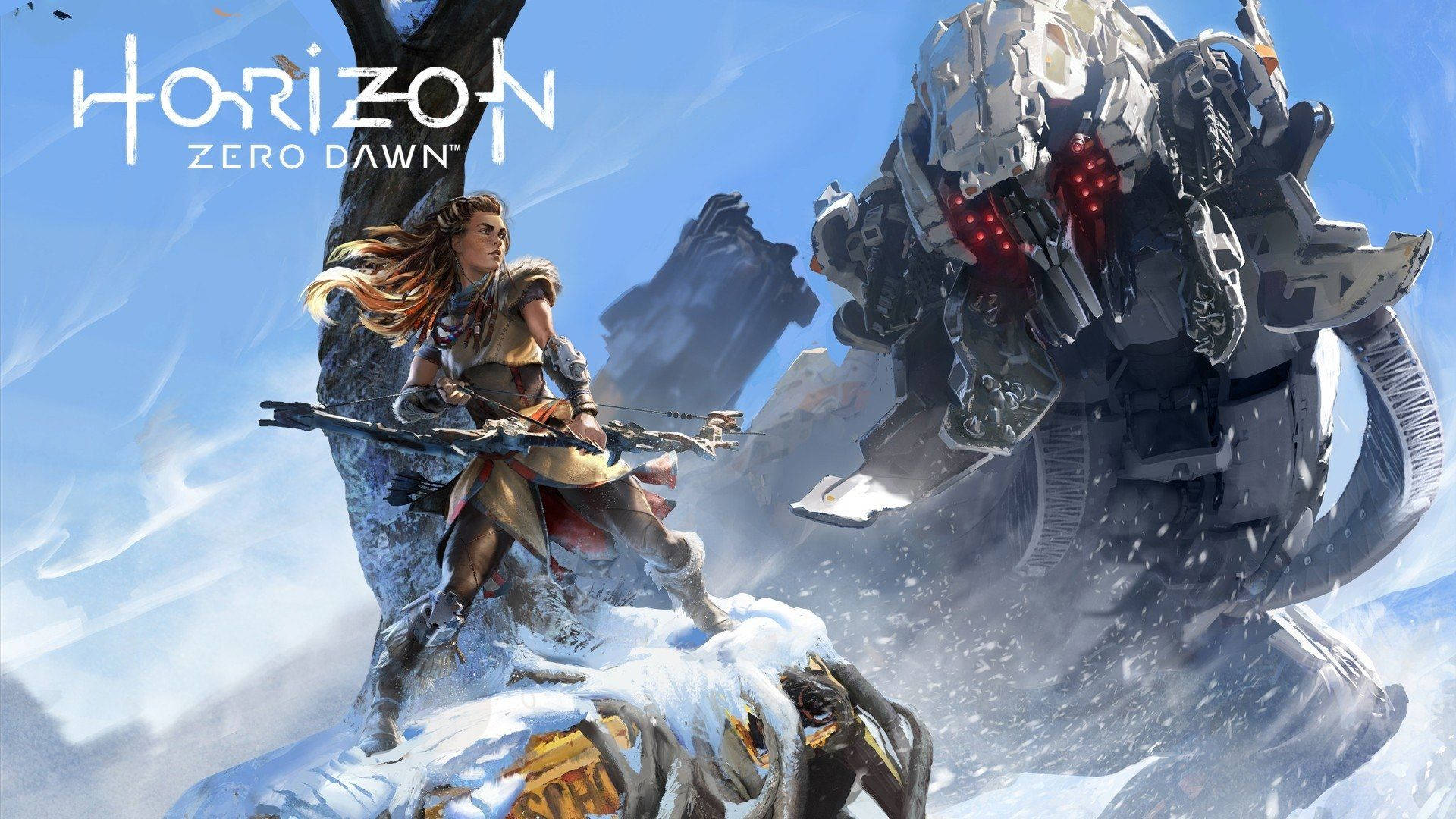 Horizon 桌布 壁紙 — 一位長髮飄逸的戰士站在白雪覆蓋的懸崖上，對著明亮的藍天，用弓箭瞄準一隻高聳的機械野獸。