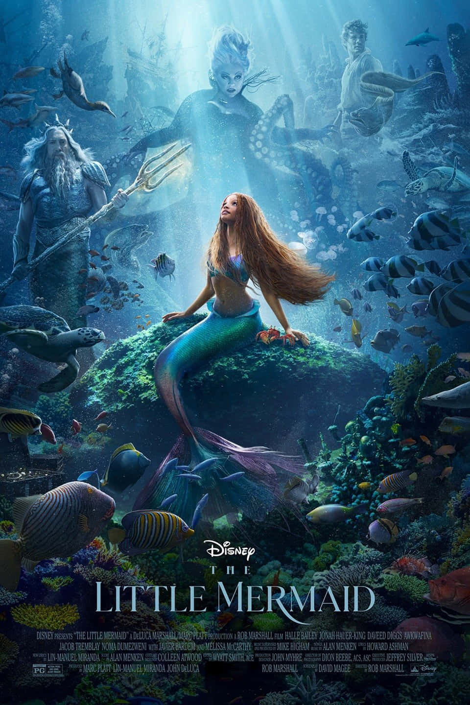 Disney 3d Movies 桌布 壁紙 — 一位長髮飄逸的美人魚坐在珊瑚礁上，周圍是色彩繽紛的魚類和神話中的海洋生物，陽光穿透水面。