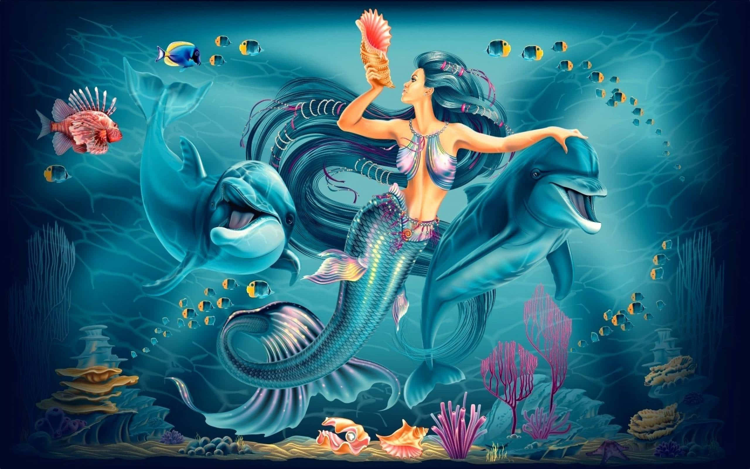 Beautiful Mermaid 桌布 壁紙 — 一位長髮飄逸的美人魚騎著海豚穿過充滿色彩繽紛魚類和發光海洋生物的 vibrant 珊瑚礁。