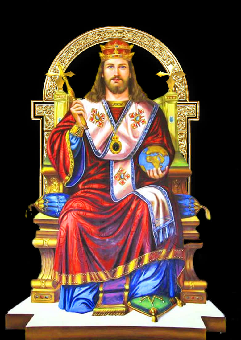 Christ 桌布 壁紙 — 一位長髮鬍鬚的皇室人物坐在華麗的金色王座上，手持權杖和地球儀，身披紅色和藍色長袍，背景為黑色。