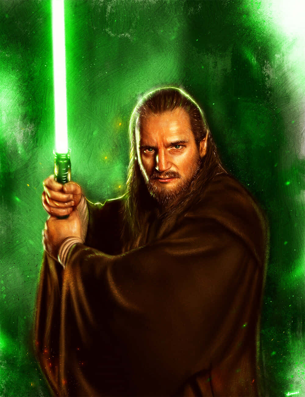 Qui-gon Jinn 桌布 壁紙 — 一位長髮鬍鬚的絕地大師，在充滿活力的綠色背景前，手持發光的綠色光劍。