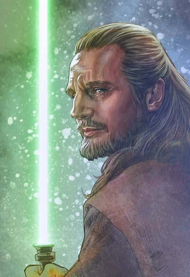 Qui-gon Jinn 桌布 壁紙 — 一位長髮鬍鬚的絕地大師在雪景背景下手持發光的綠色光劍。