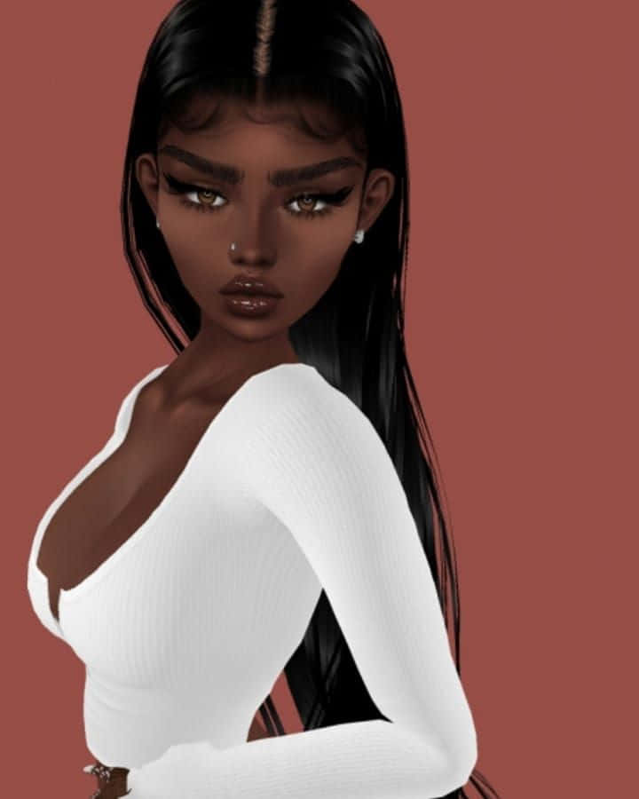 imvu 桌布 壁紙 — 一位長黑髮、化著大膽妝容的女性，身穿白色羅紋上衣，背景為柔和紅色的數位肖像。