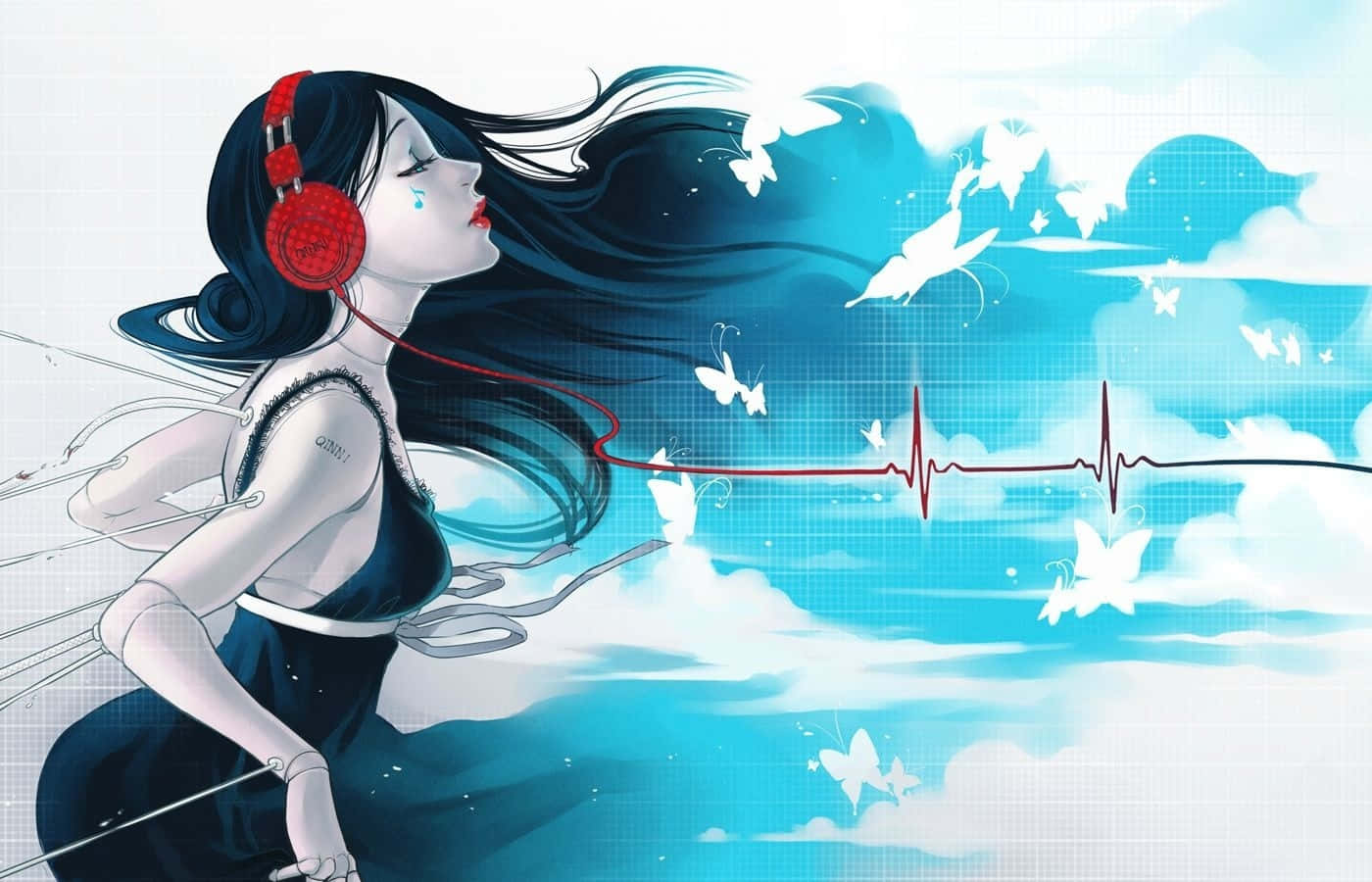 動畫 桌布 壁紙 — 一位長黑髮、戴紅色耳機的女性在藍天背景下漂浮在蝴蝶和心跳線之間。