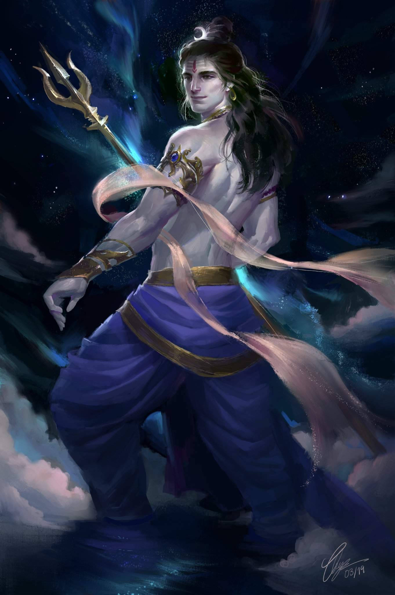 濕婆神 桌布 壁紙 — 一位長黑髮、手持三叉戟的神聖身影，佇立在星夜下旋轉的宇宙雲層之中。