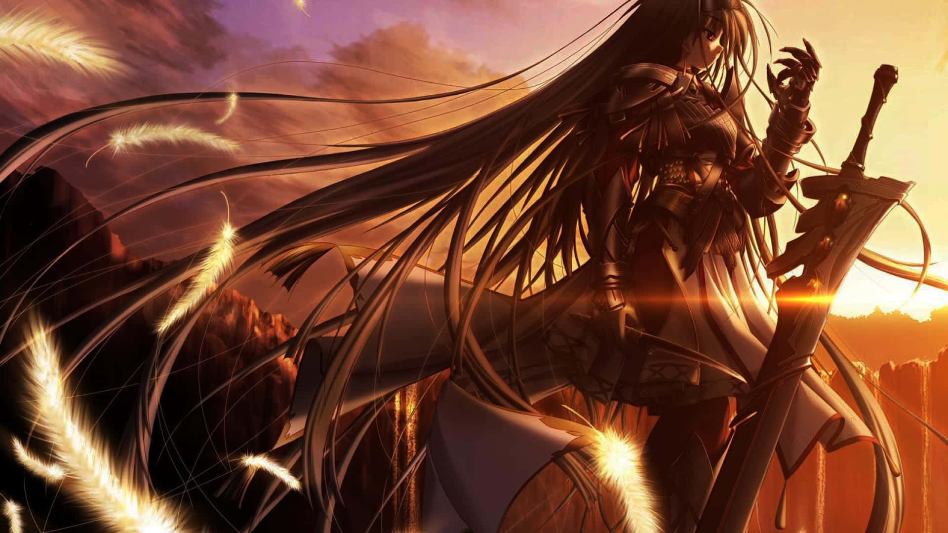Warrior HD 桌布 壁紙 — 一位長黑髮、手持發光劍的動漫女戰士，站在熾熱的夕陽天空前。
