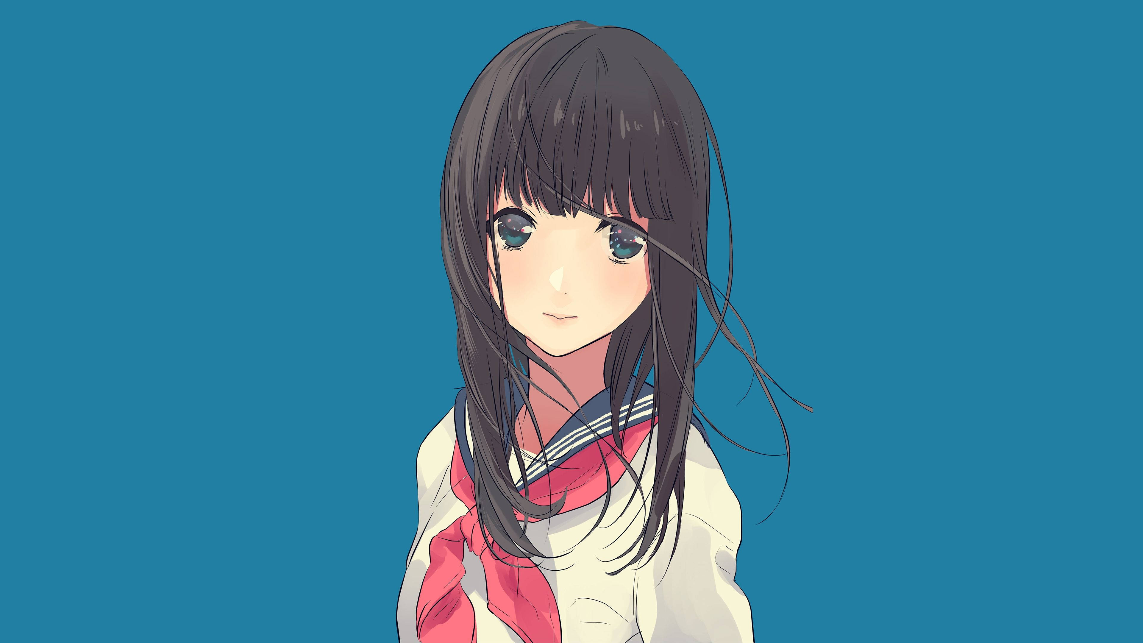 girls 桌布 壁紙 — 一位長黑髮、穿著水手服的寧靜動漫女孩，站在純青色背景前。