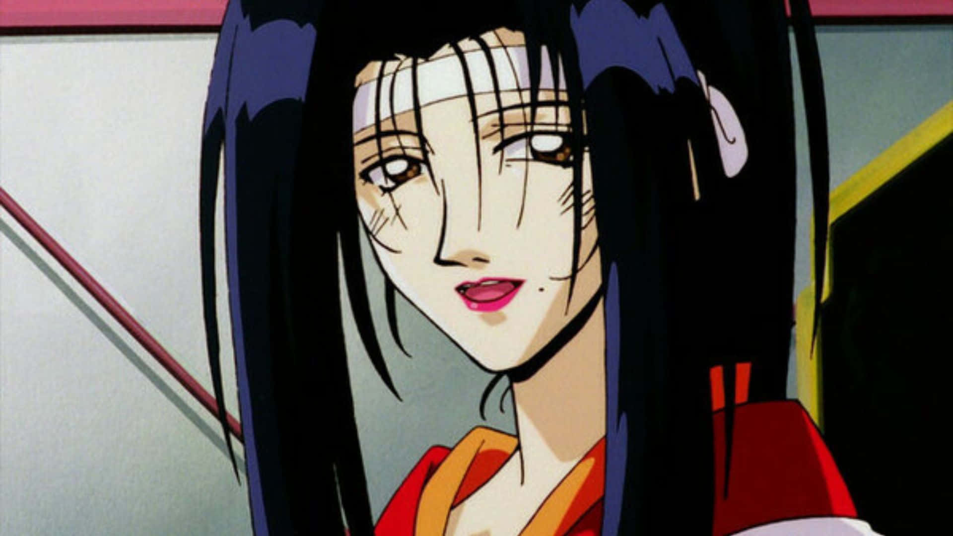 Twilight Suzuka 桌布 壁紙 — 一位長黑髮、紅唇的動漫女性穿著紅橙色和服的近照。