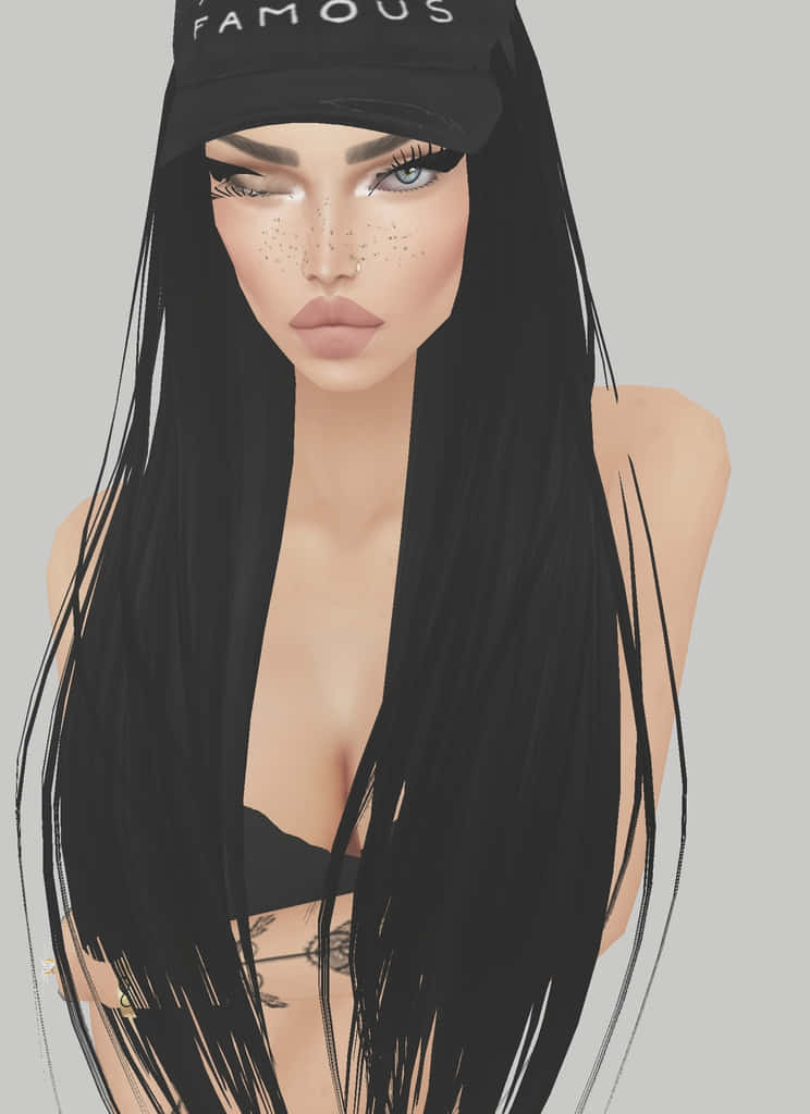 imvu 桌布 壁紙 — 一位長黑髮女性戴著黑色鴨舌帽和露肩上衣，以純灰色背景的數位肖像。